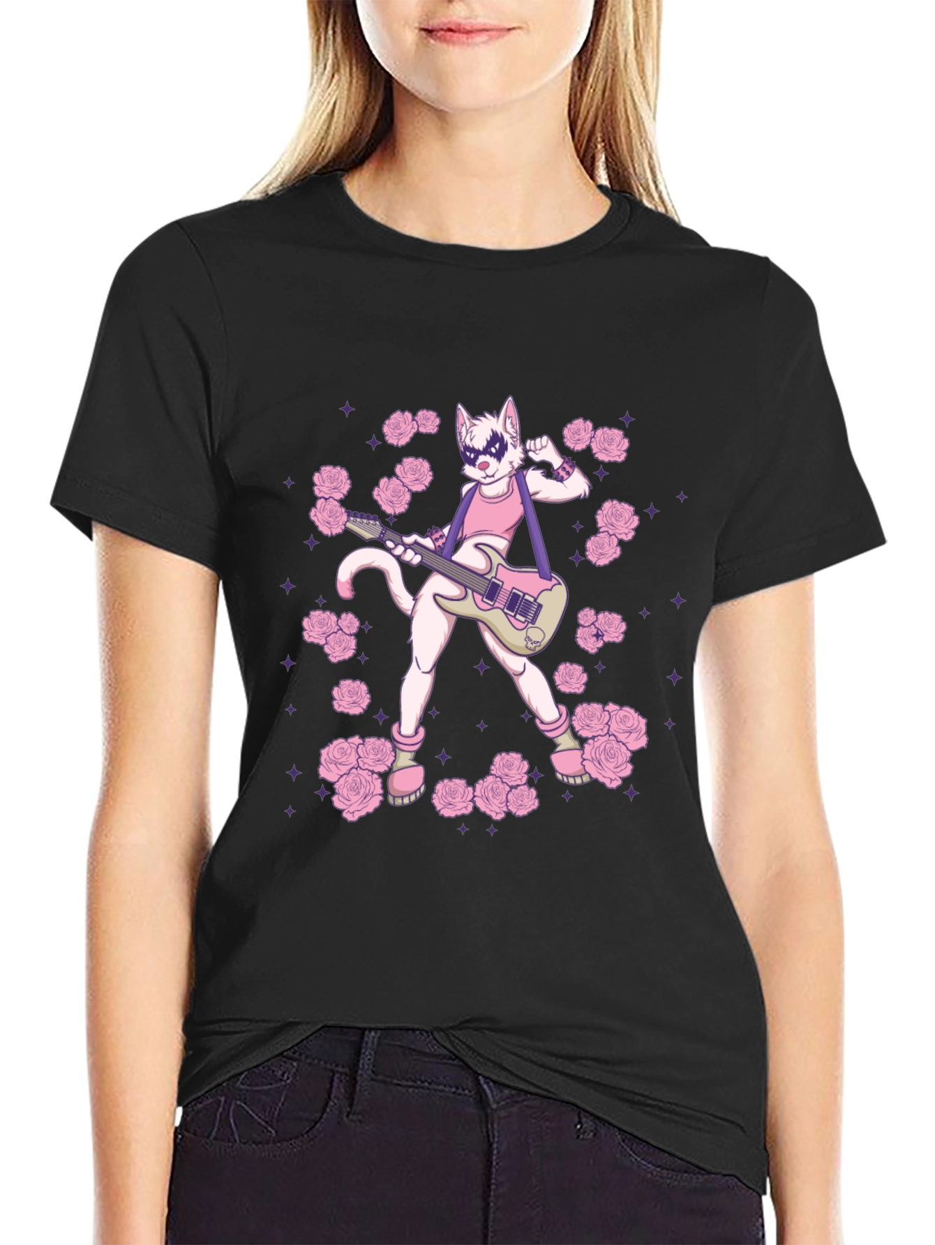 Black T-Shirt with Rock Star Cat Graphic