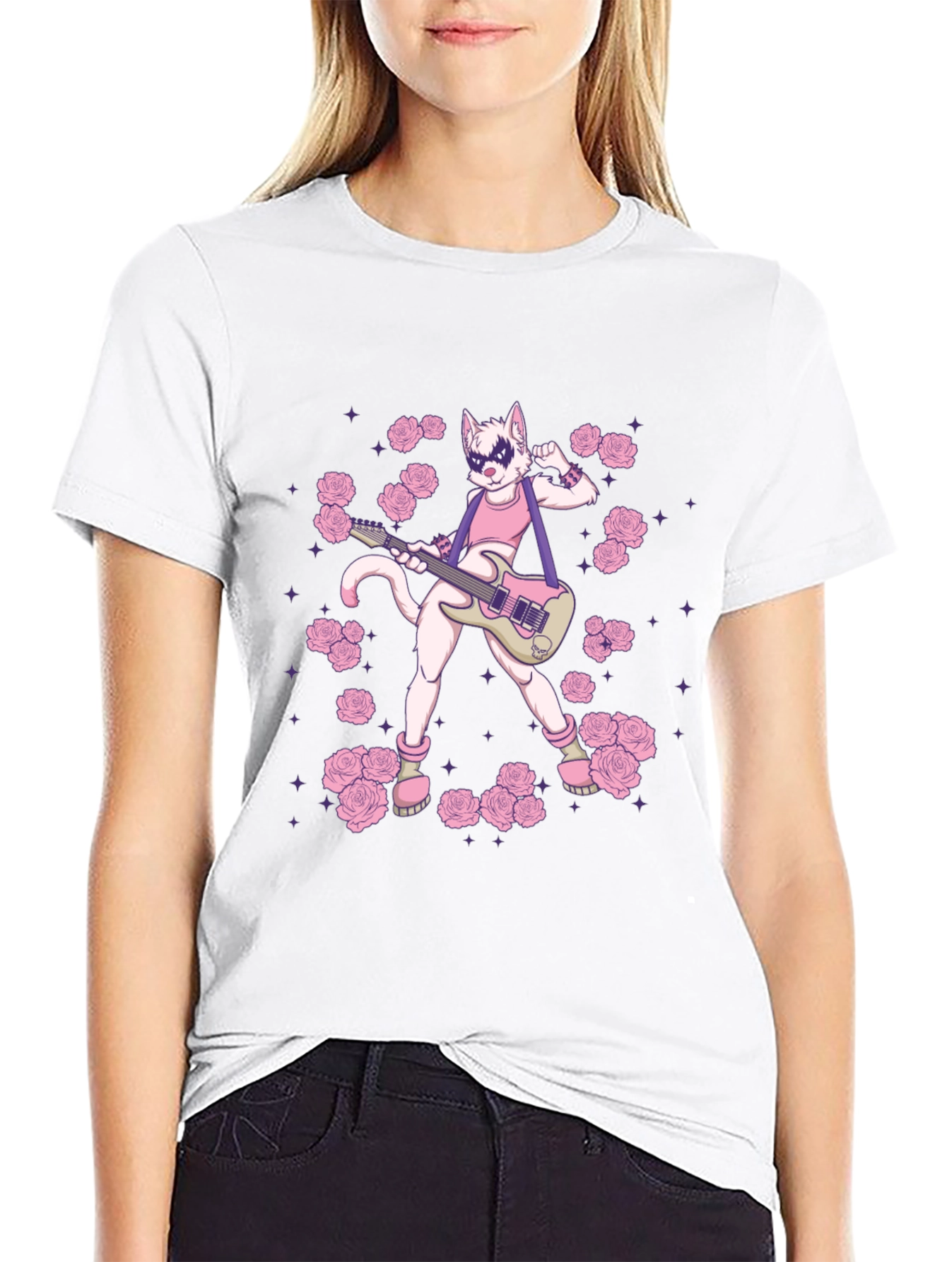 Black T-Shirt with Rock Star Cat Graphic