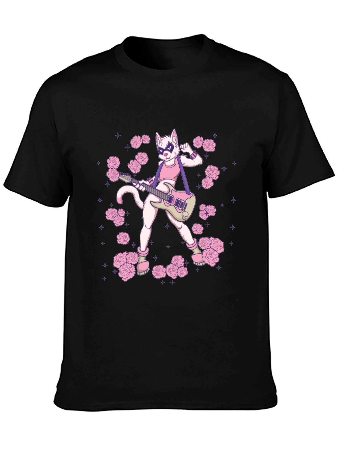 Black T-Shirt with Rock Star Cat Graphic