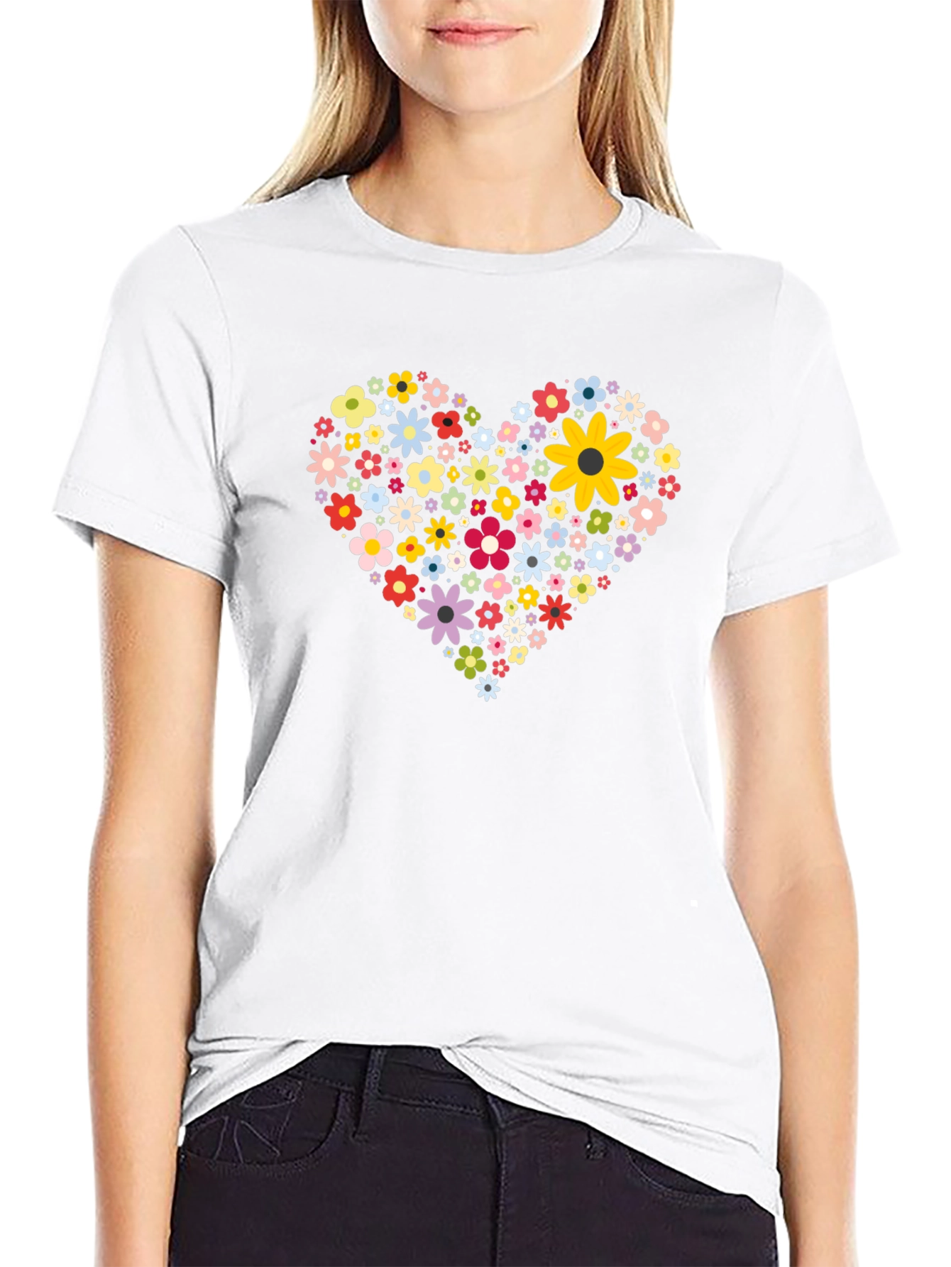 Floral Heart Tee - Black Cotton Comfort
