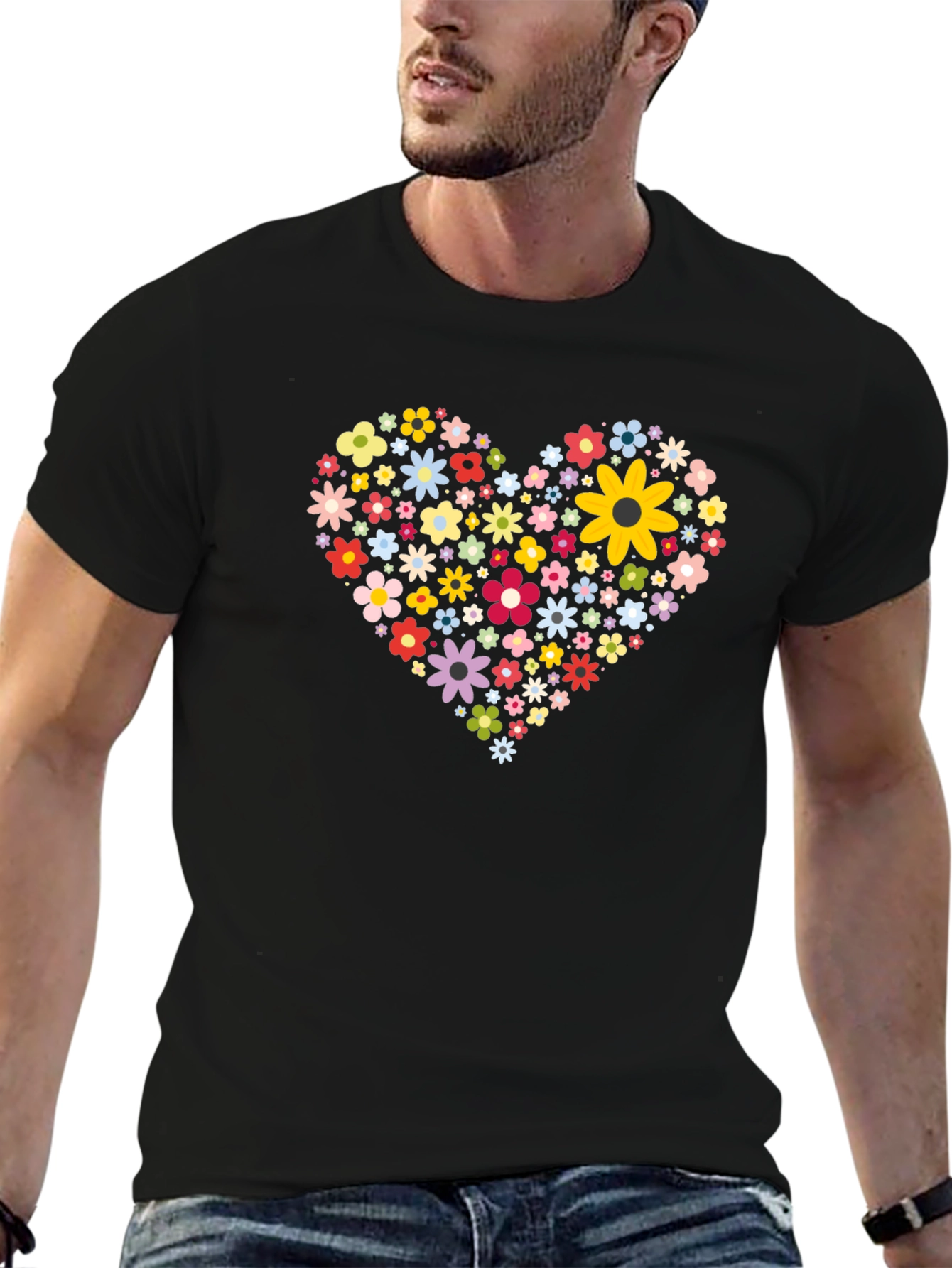 Floral Heart Tee - Black Cotton Comfort