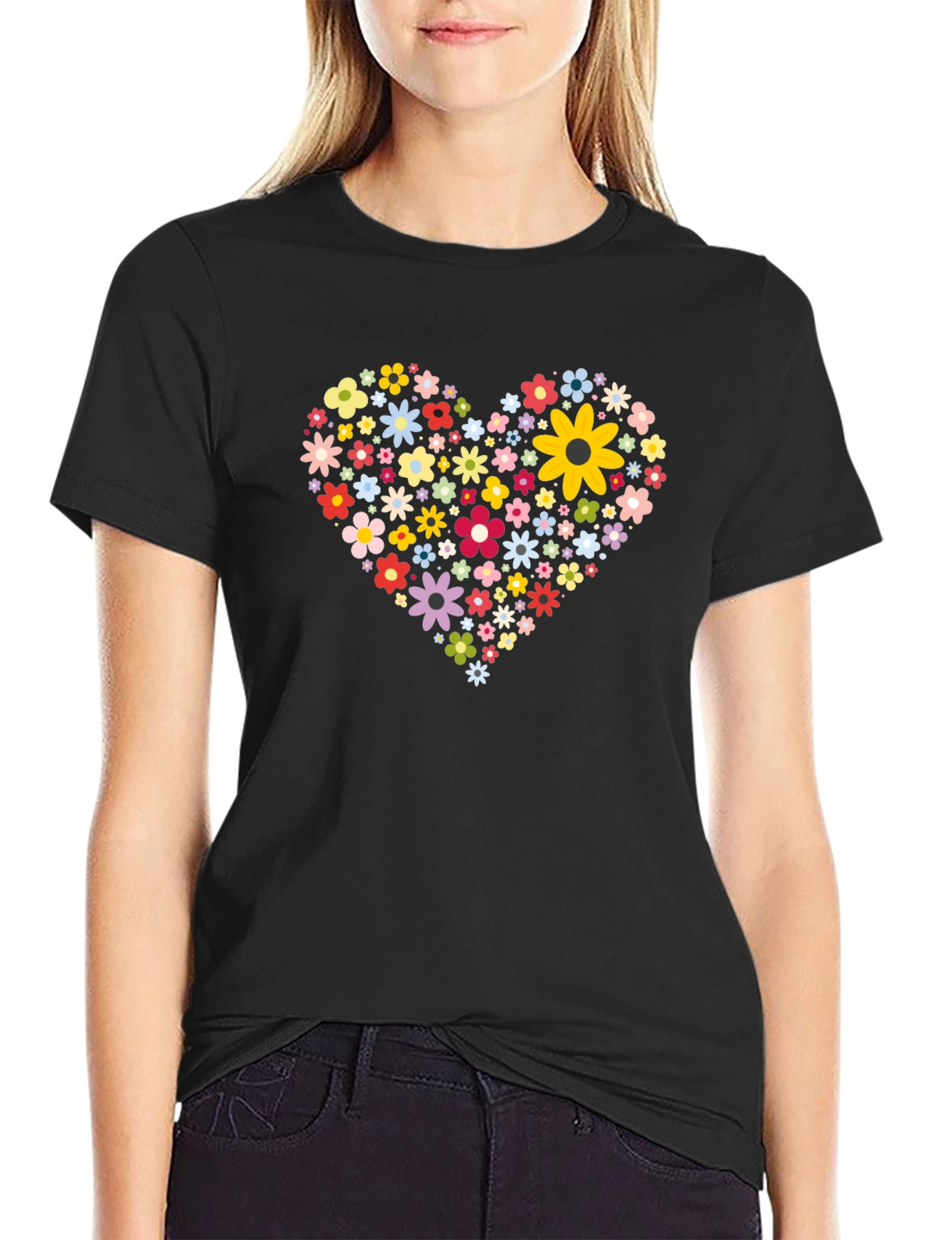 Floral Heart Tee - Black Cotton Comfort