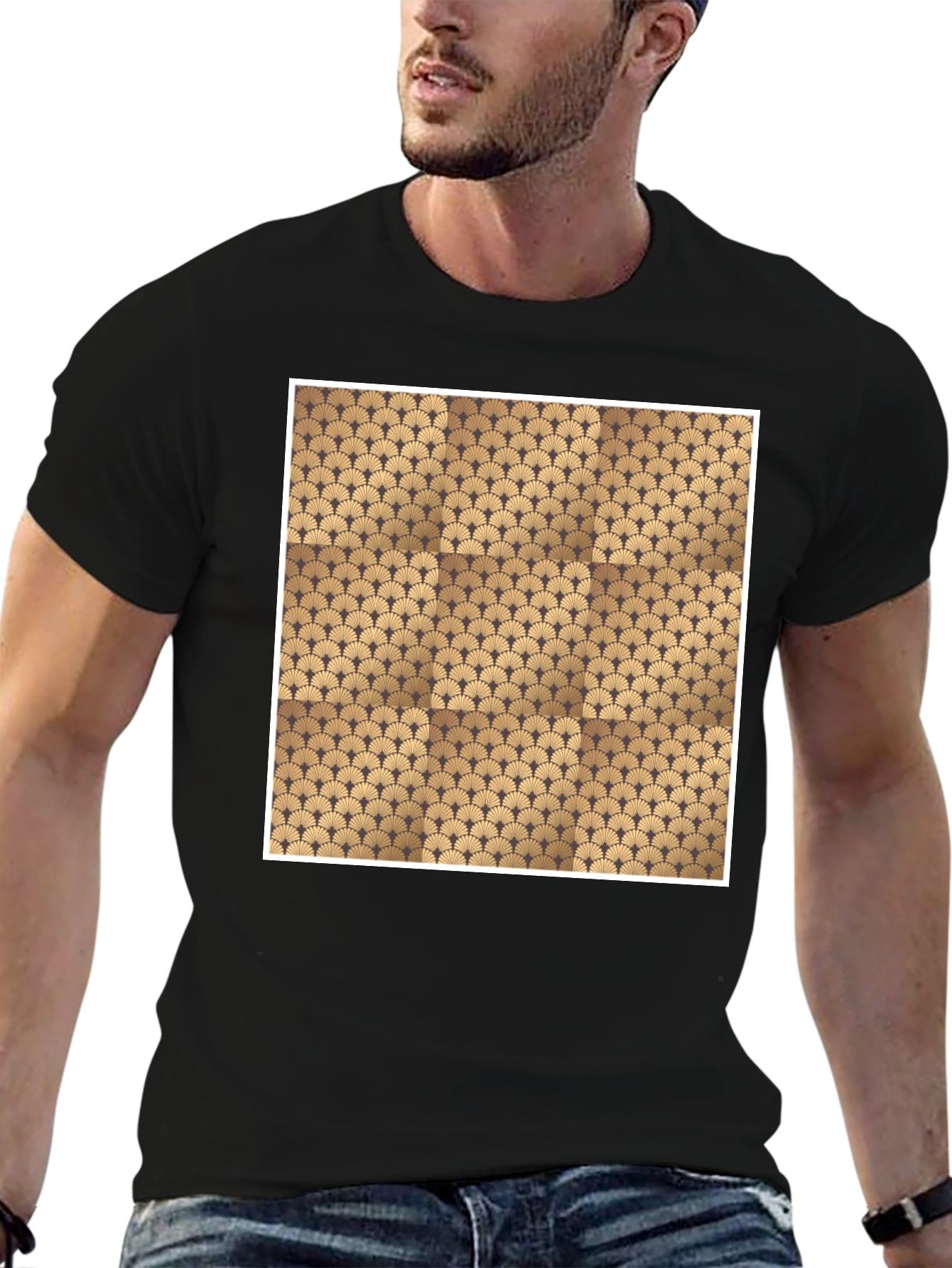 Stylish Black Tee with Geometric Fan Design