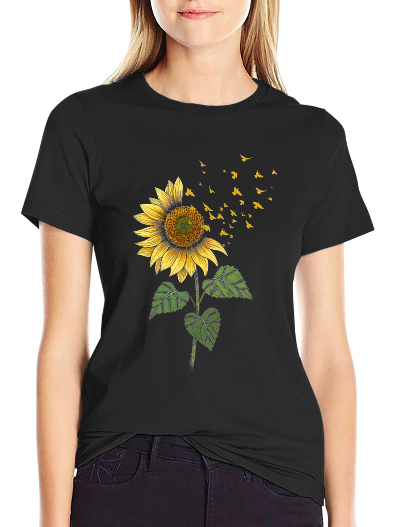Sunflower & Birds Graphic Black T-Shirt