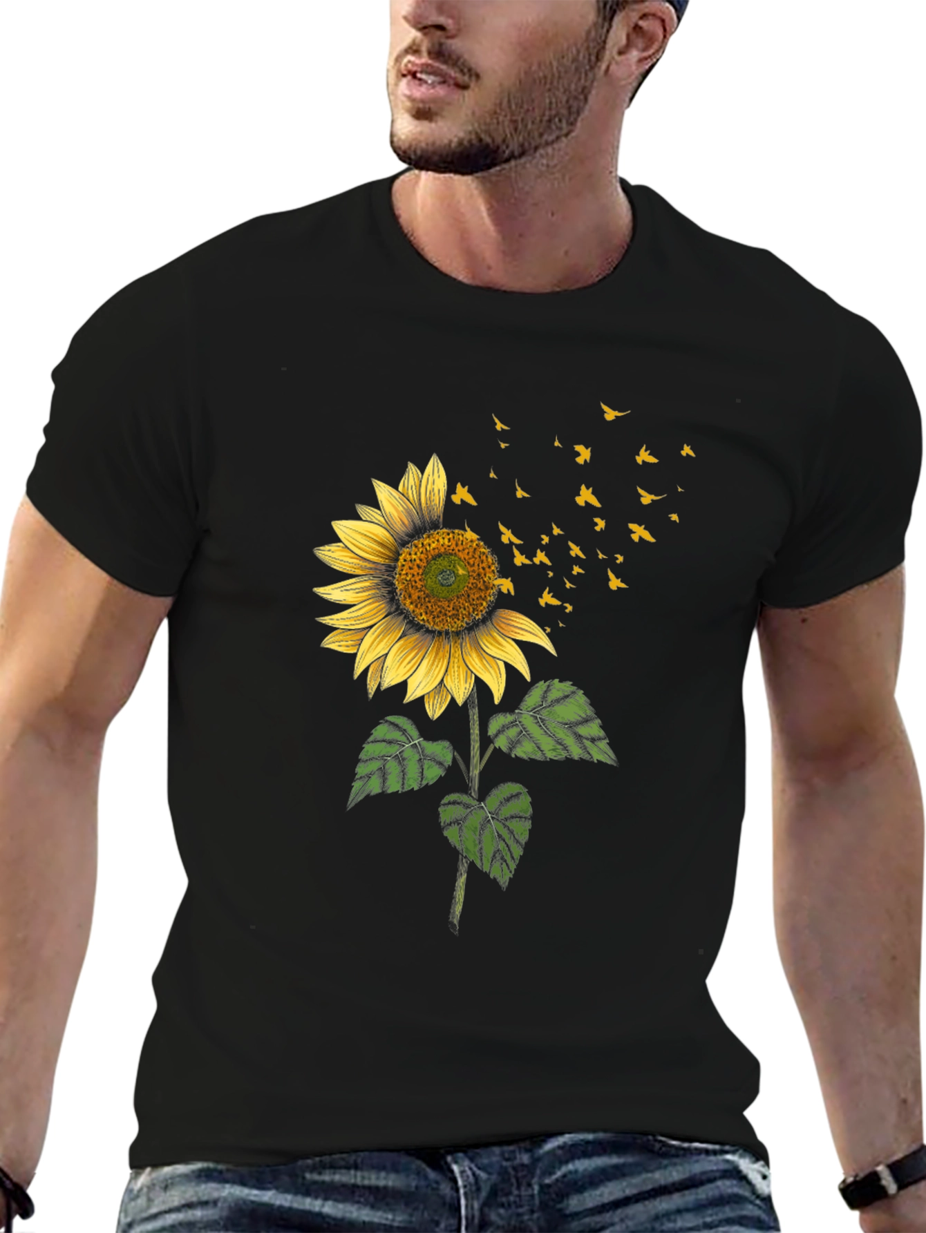 Sunflower & Birds Graphic Black T-Shirt