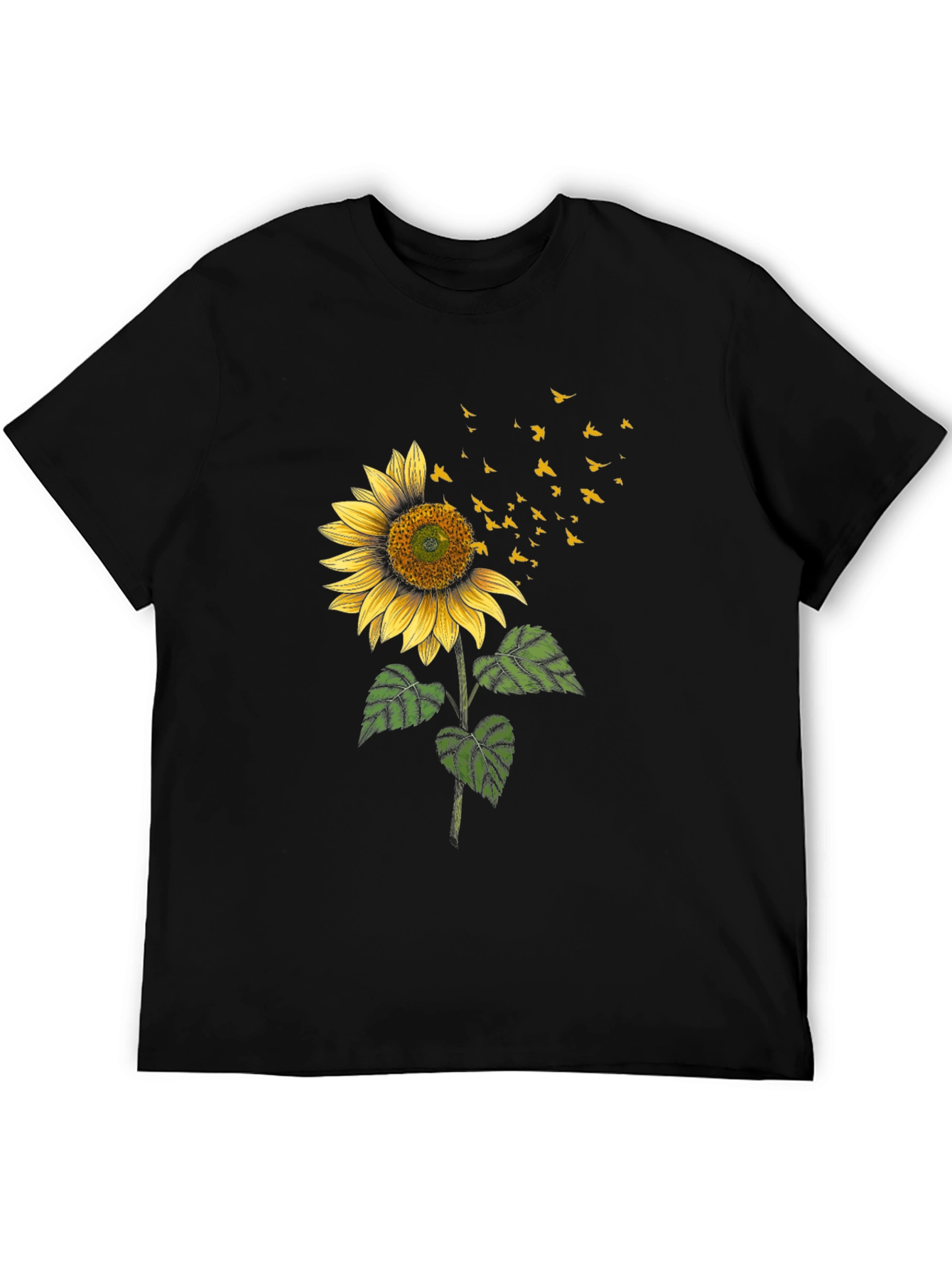 Sunflower & Birds Graphic Black T-Shirt
