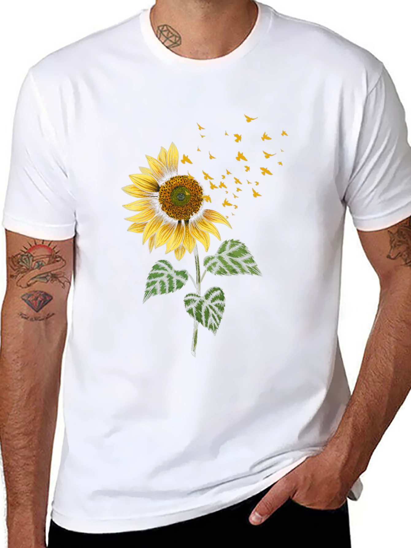 Sunflower & Birds Graphic Black T-Shirt