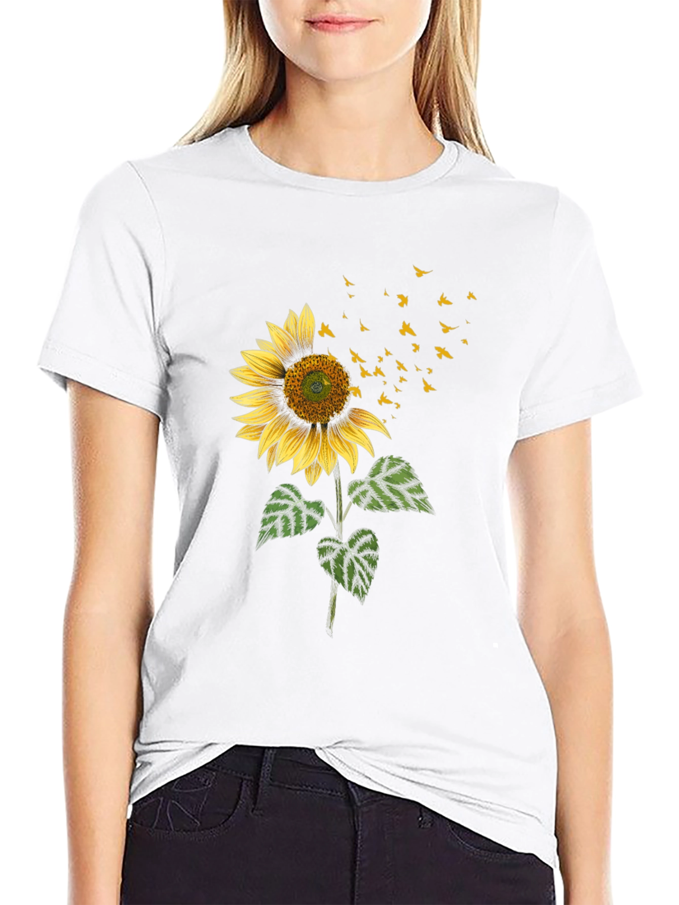 Sunflower & Birds Graphic Black T-Shirt