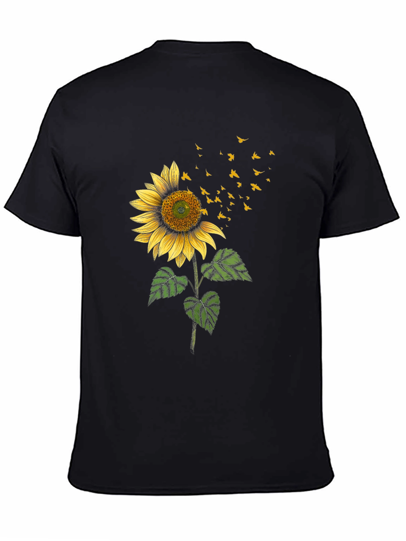 Sunflower & Birds Graphic Black T-Shirt