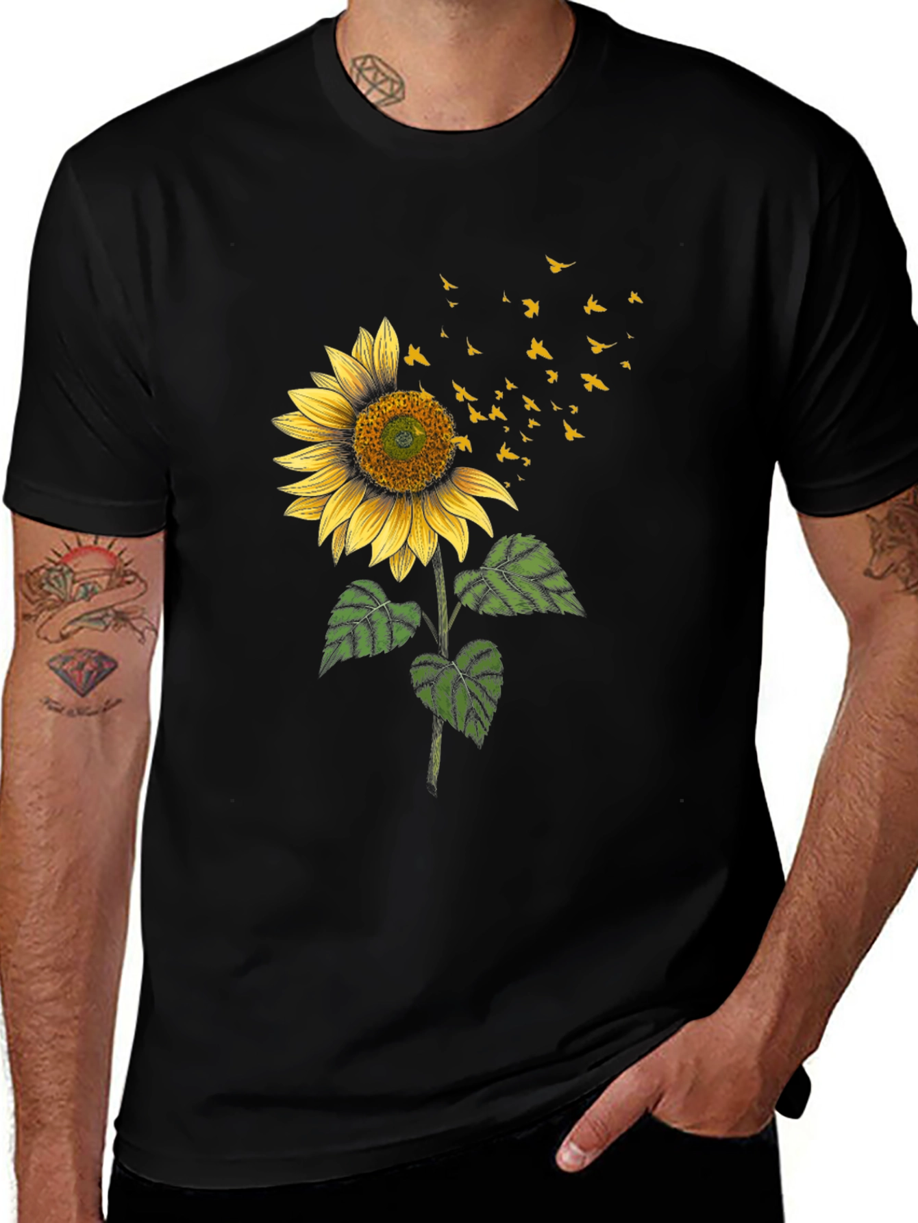 Sunflower & Birds Graphic Black T-Shirt