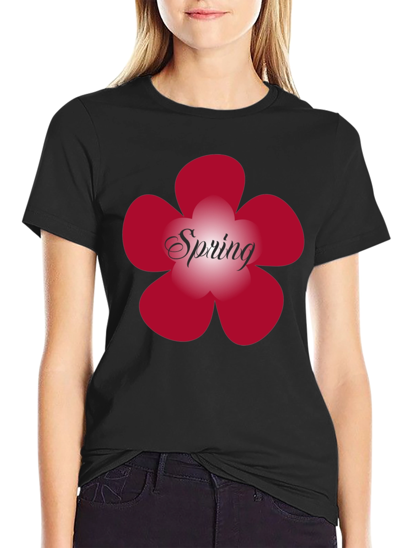 Spring Flower Graphic Tee - Black Cotton Blend