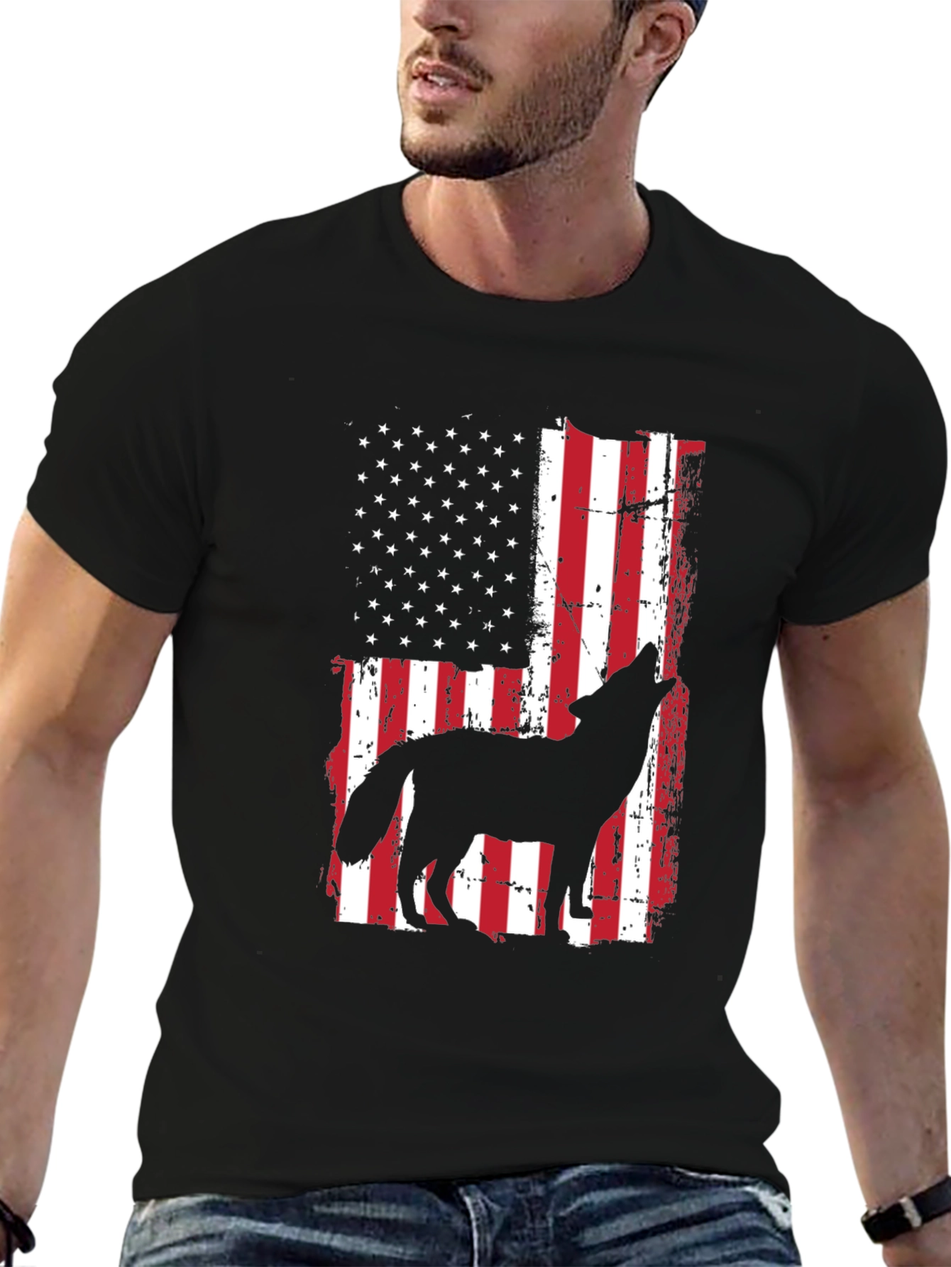 Wolf Howling American Flag T-Shirt Patriotic USA Tee