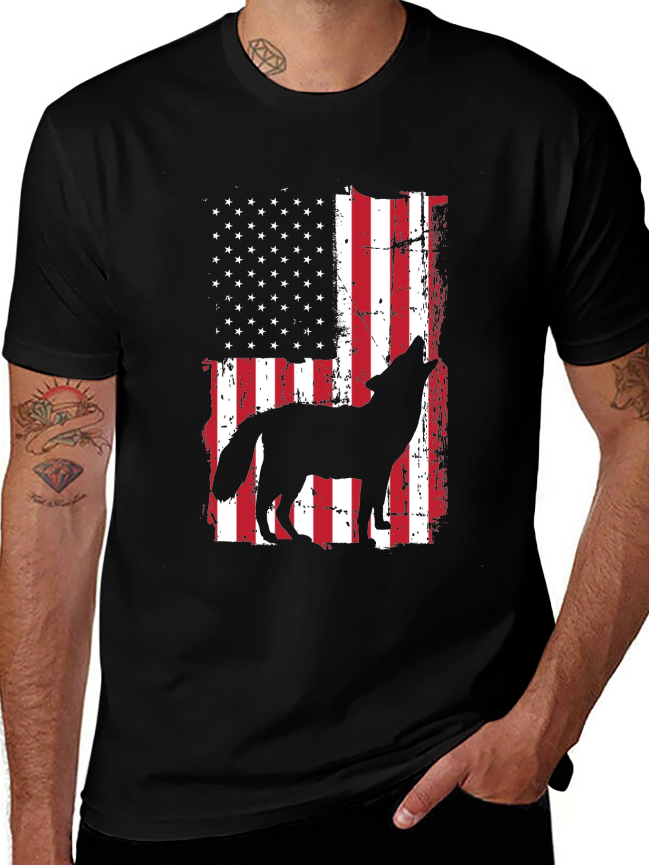 Wolf Howling American Flag T-Shirt Patriotic USA Tee