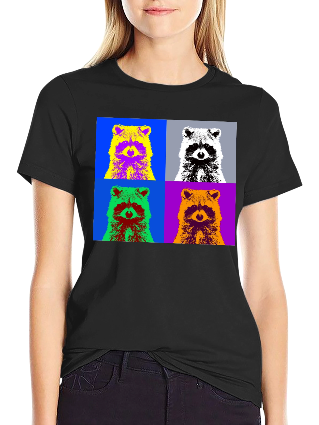 Pop Art Raccoon Graphic Tee - Stylish Black T-Shirt
