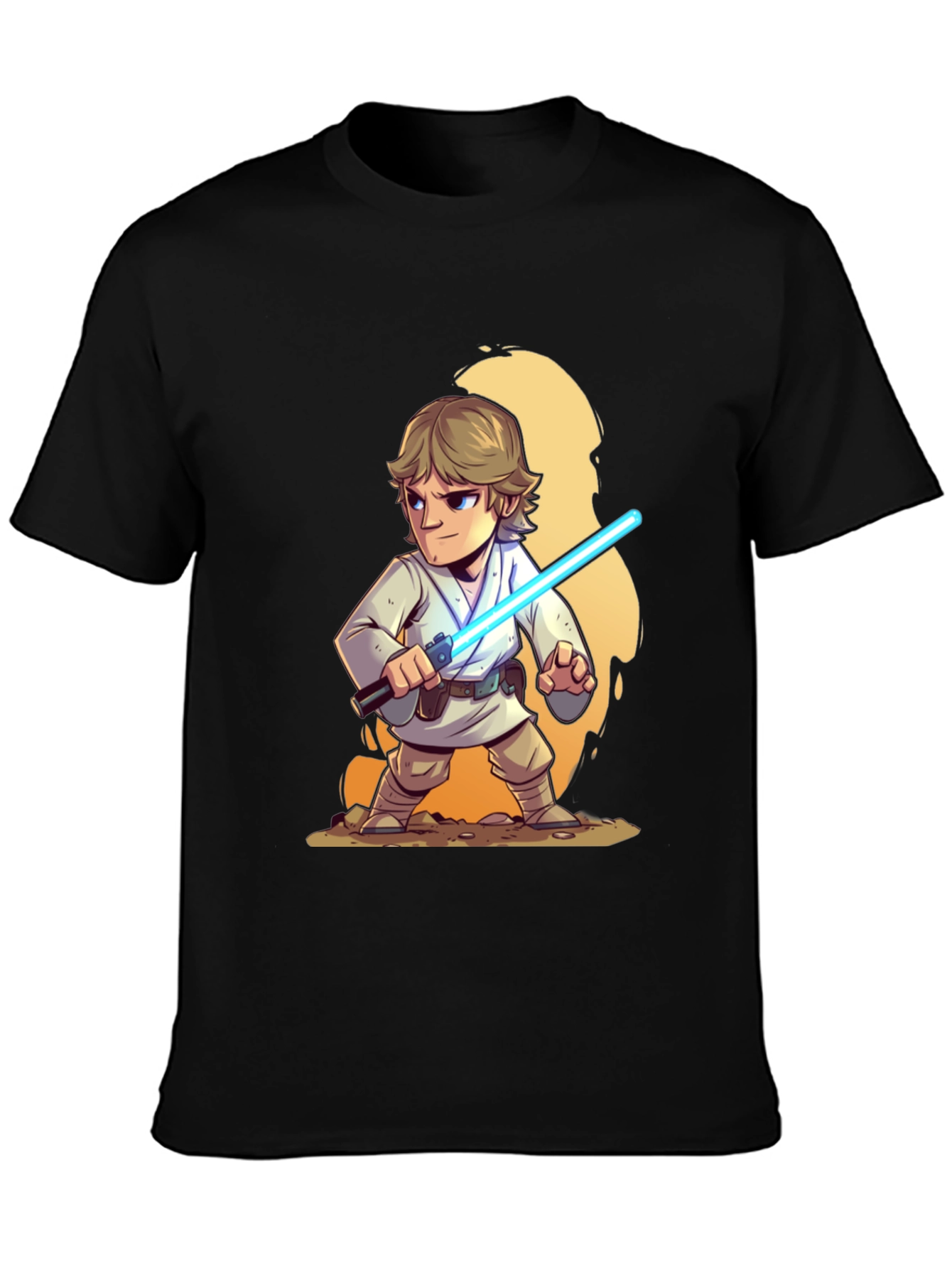 Cartoon Luke Skywalker Lightsaber Black T-Shirt