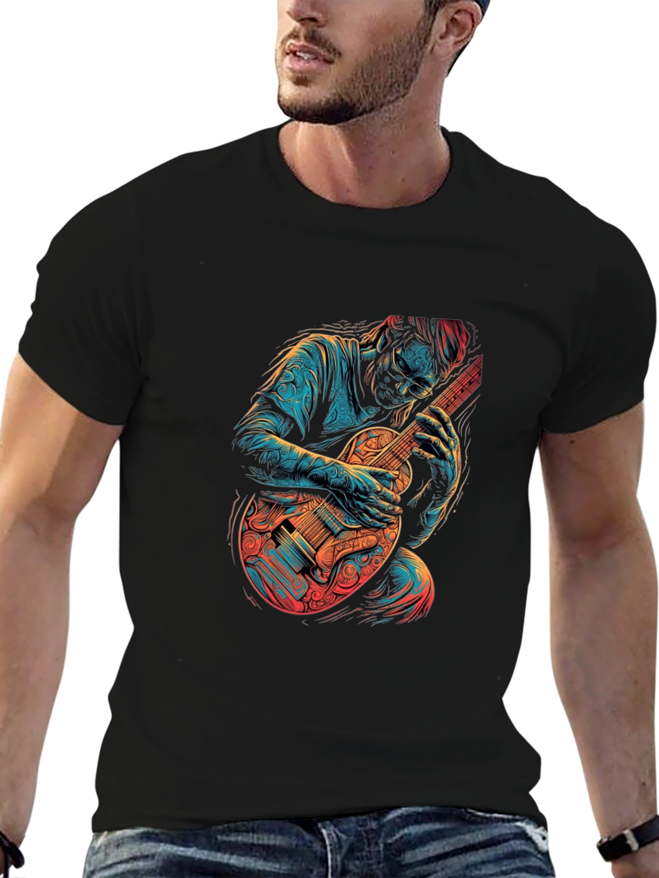 Guitar Player Graphic Print Black T-Shirt
