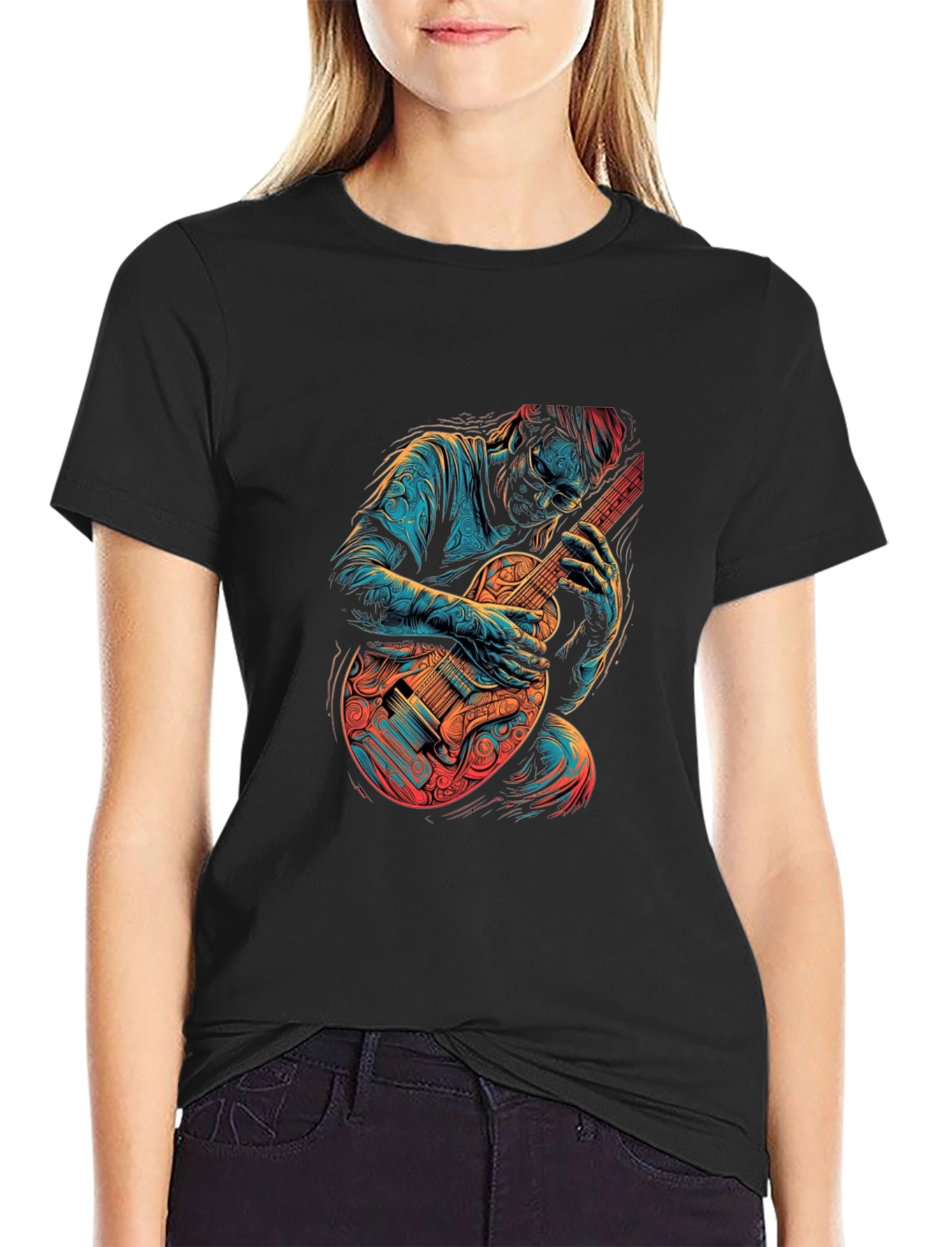 Guitar Player Graphic Print Black T-Shirt