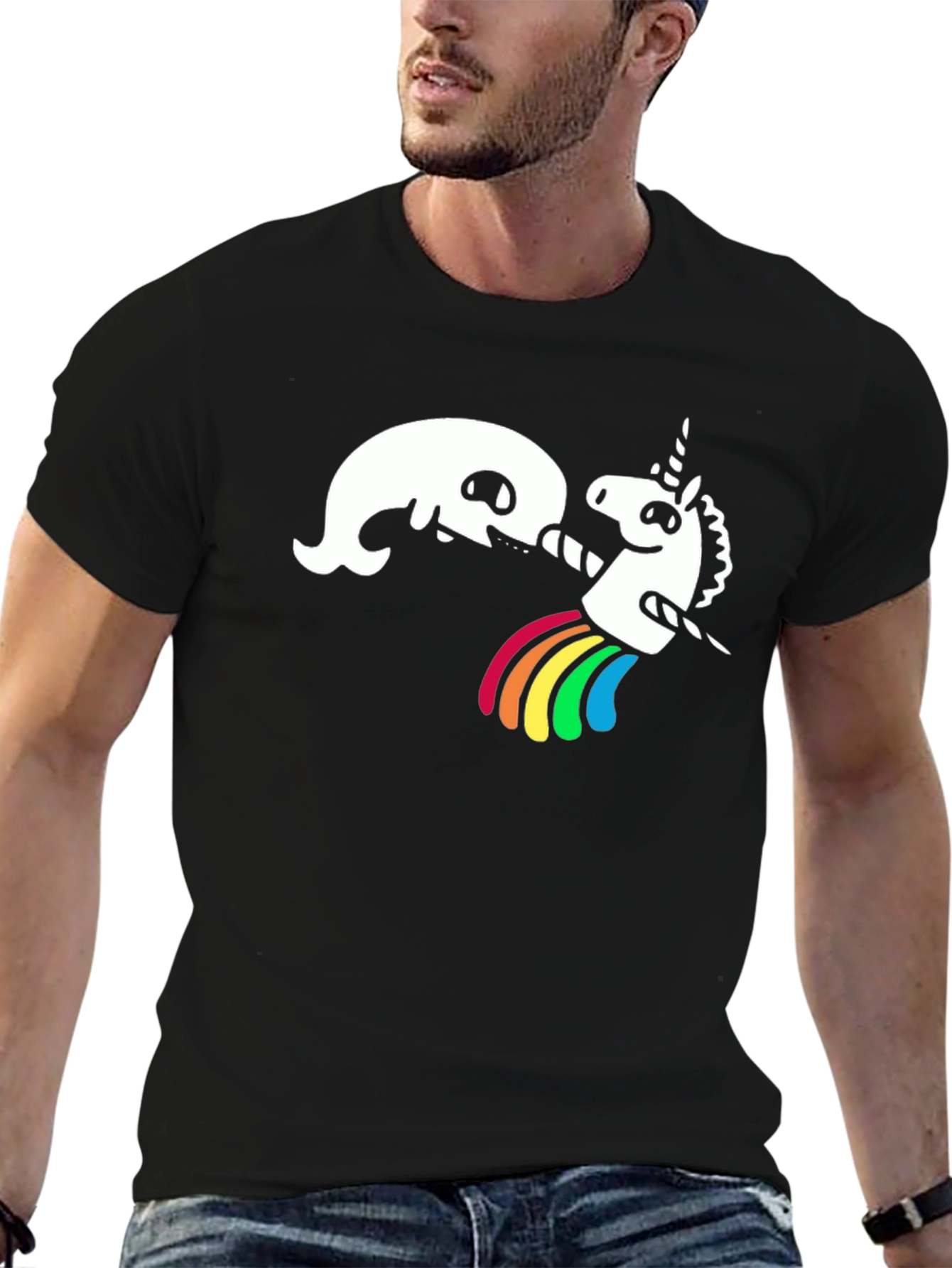 Funny Unicorn Rainbow Puke Black T-Shirt
