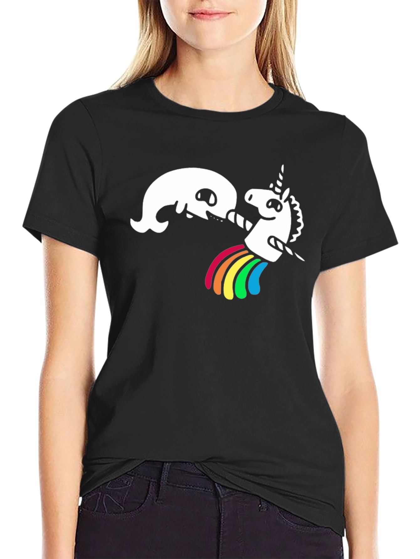 Funny Unicorn Rainbow Puke Black T-Shirt