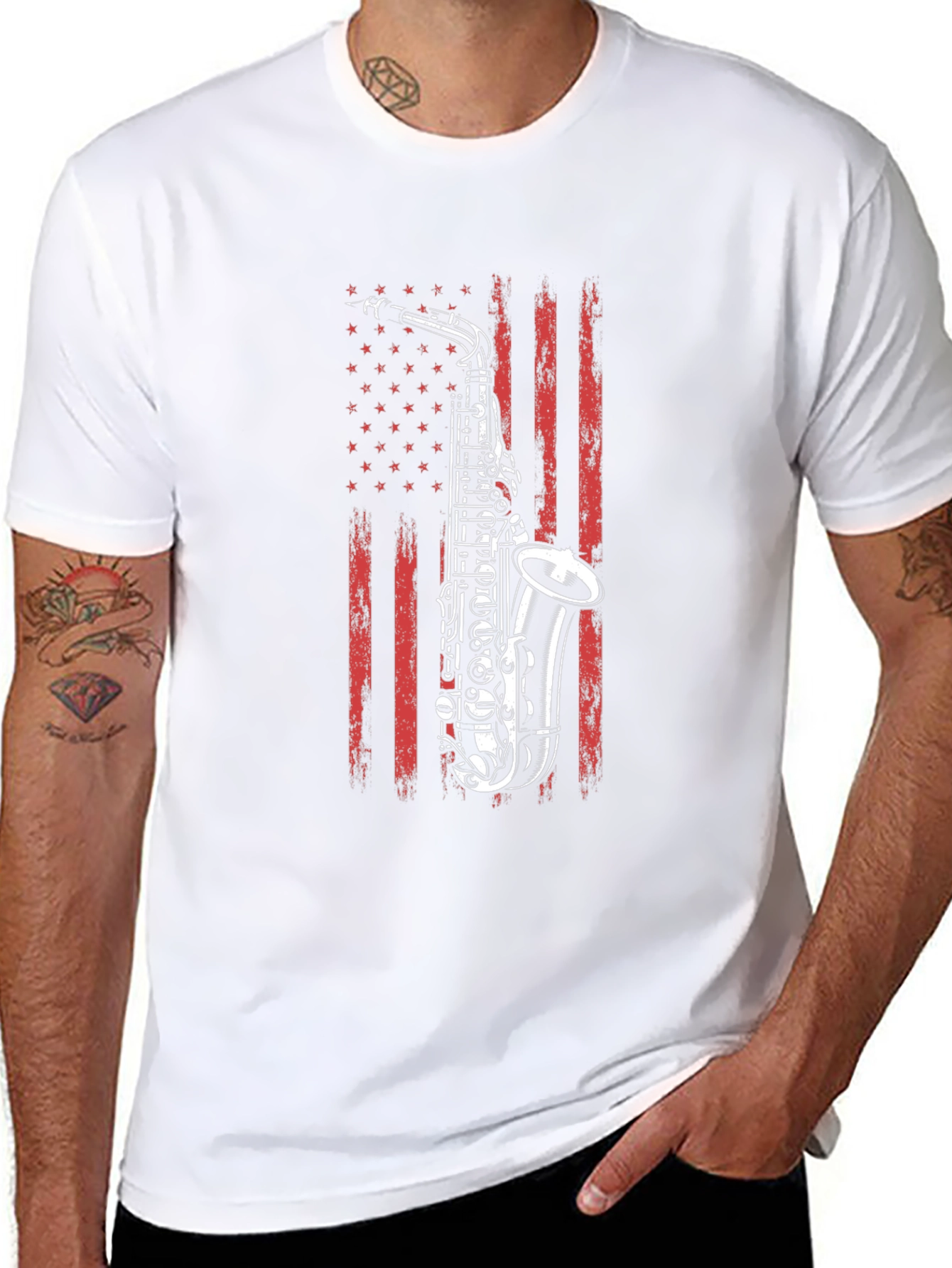 Saxophone USA Flag Graphic Print Black T-Shirt