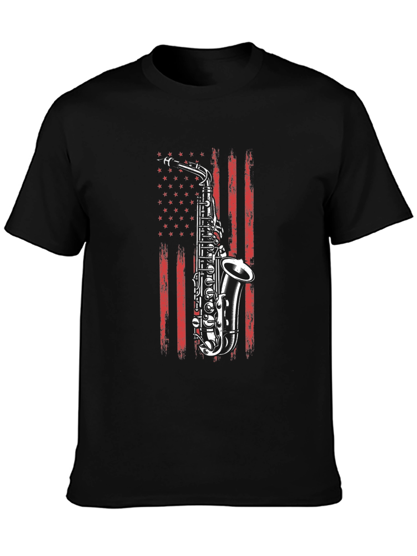 Saxophone USA Flag Graphic Print Black T-Shirt