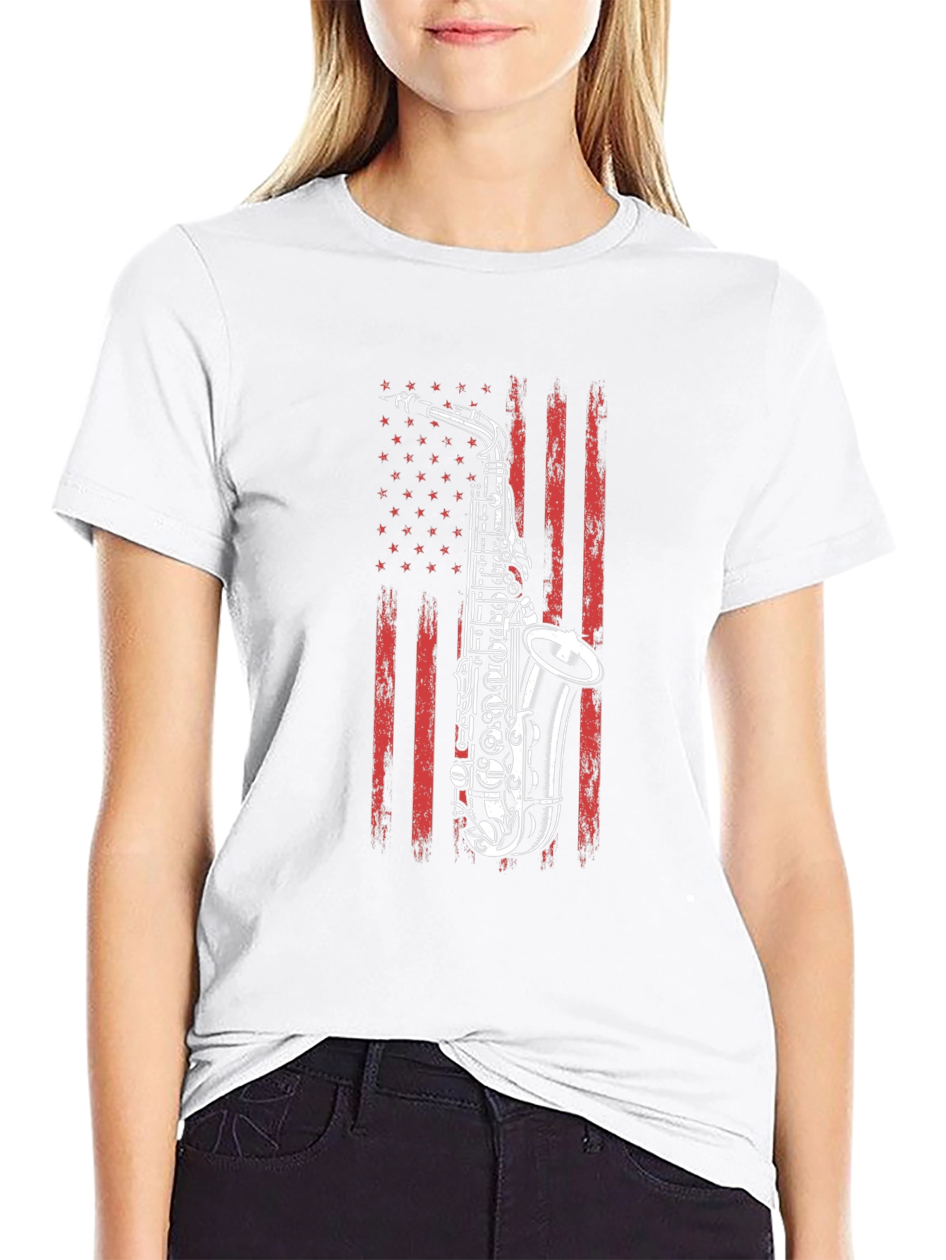 Saxophone USA Flag Graphic Print Black T-Shirt