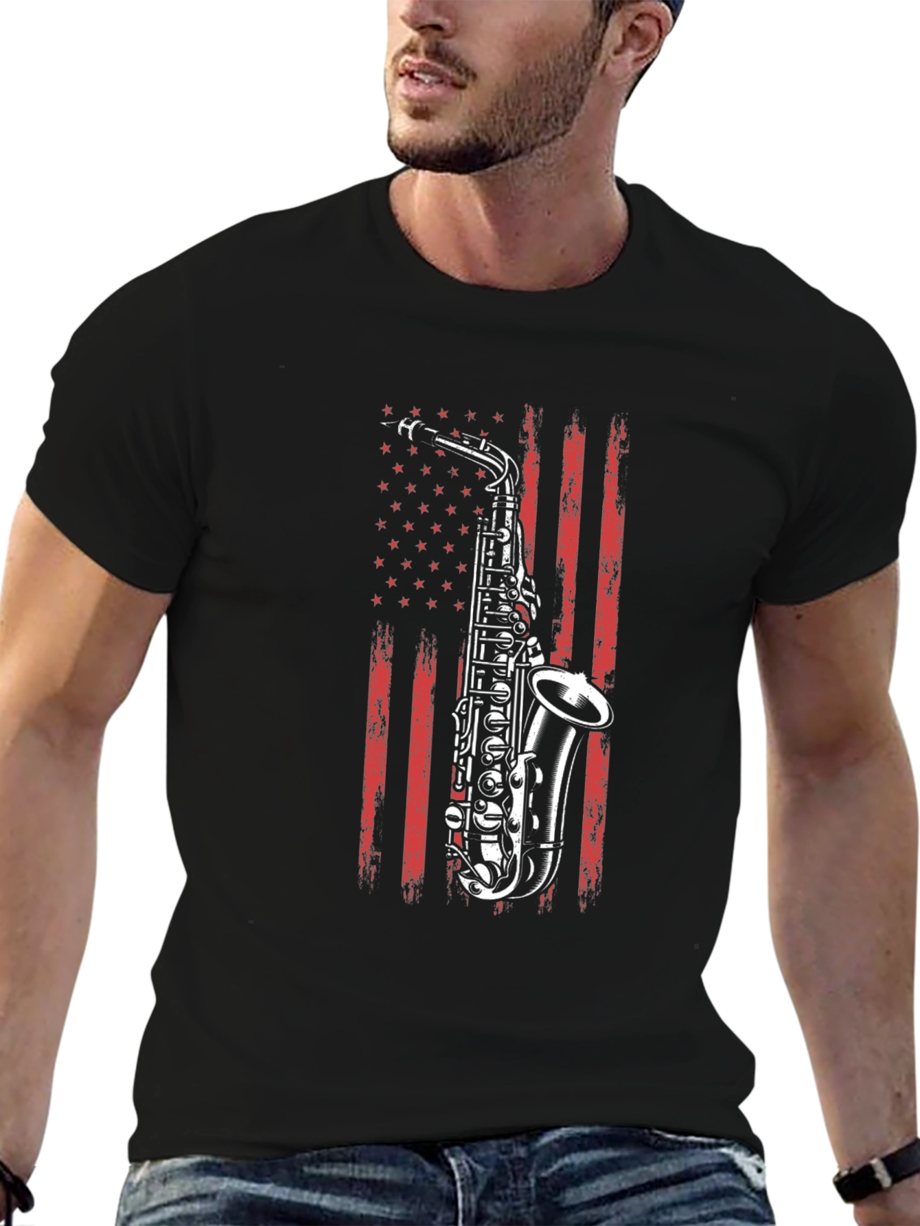 Saxophone USA Flag Graphic Print Black T-Shirt