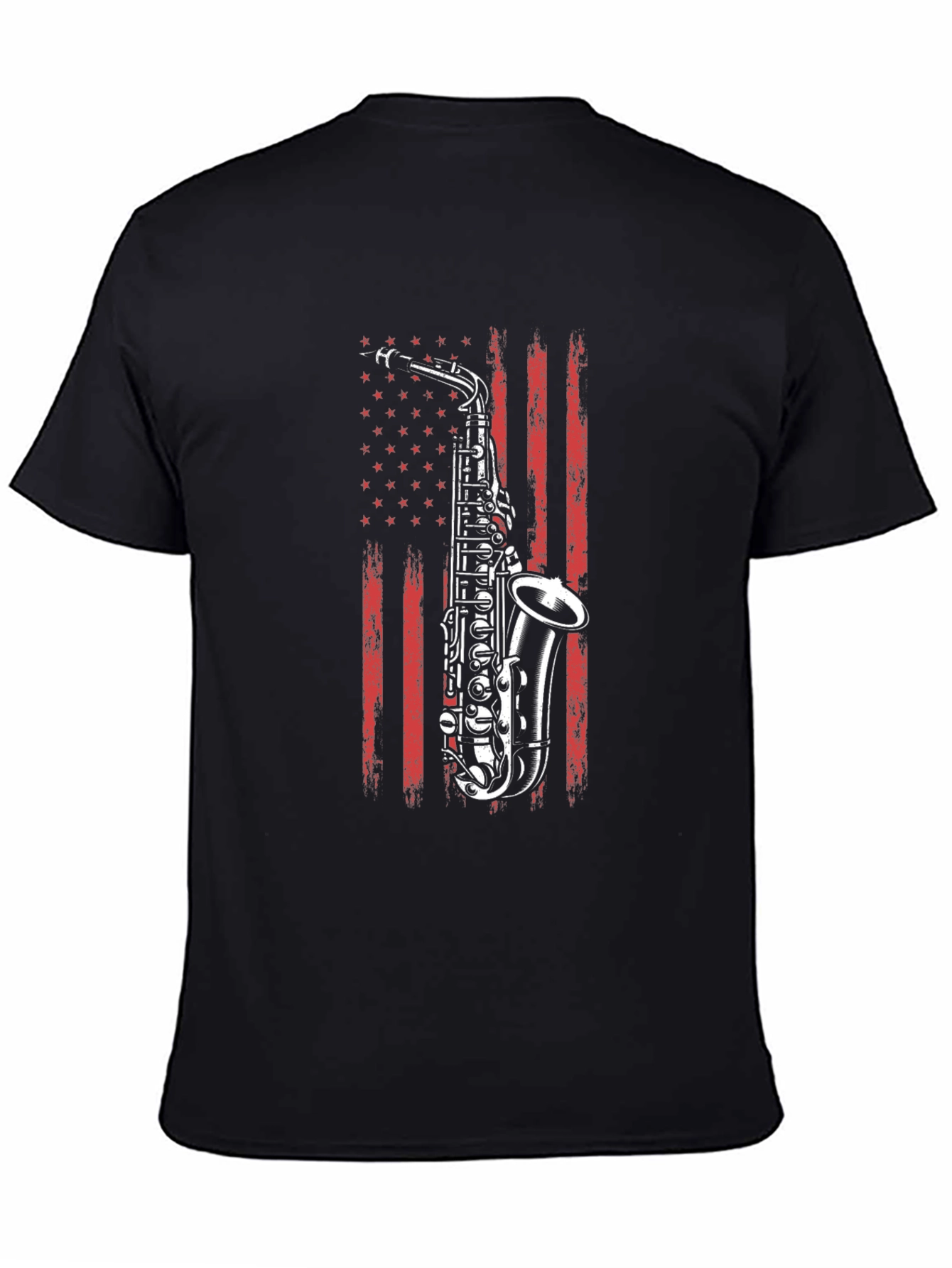 Saxophone USA Flag Graphic Print Black T-Shirt