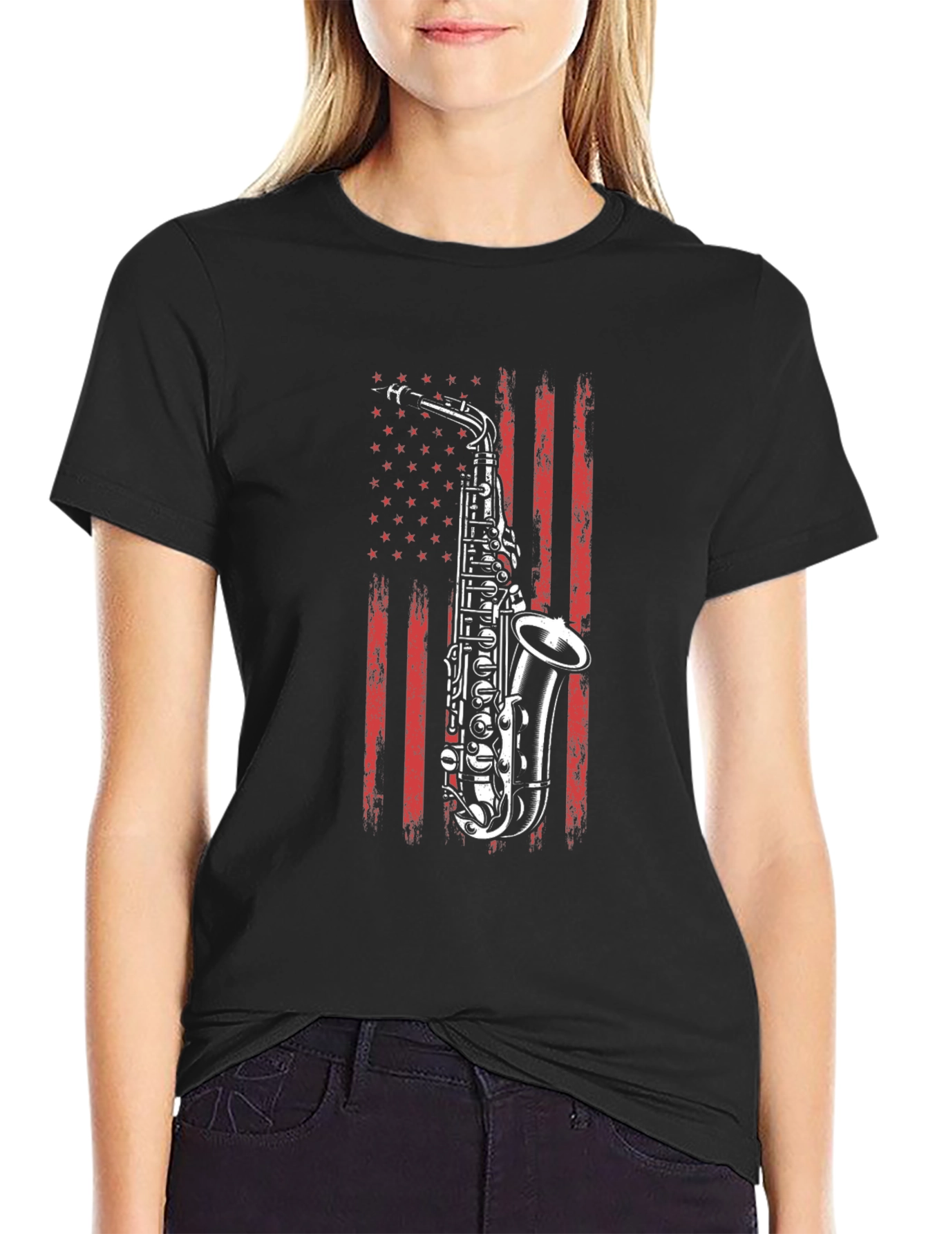 Saxophone USA Flag Graphic Print Black T-Shirt