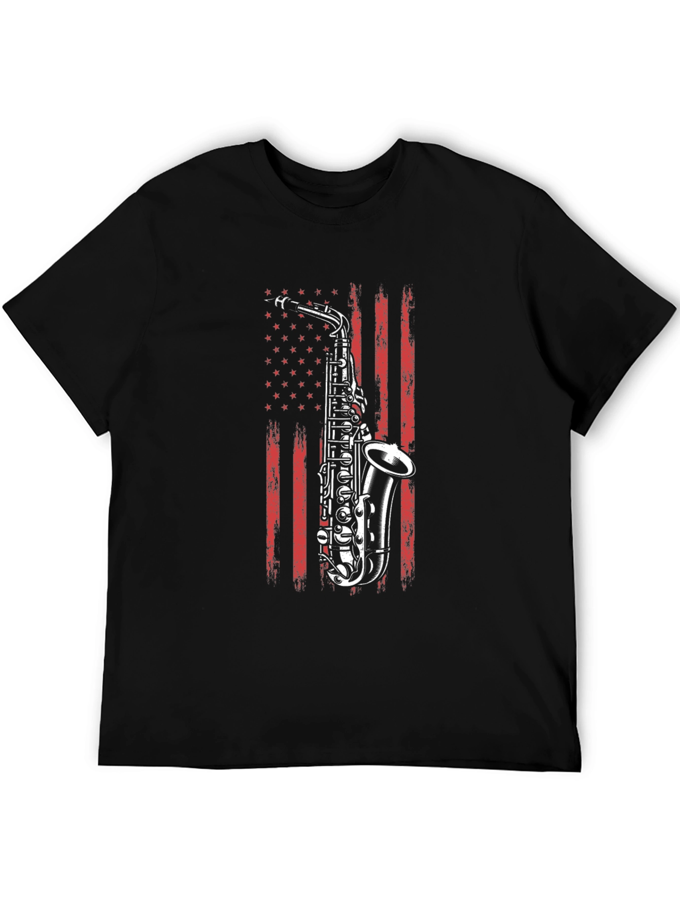 Saxophone USA Flag Graphic Print Black T-Shirt