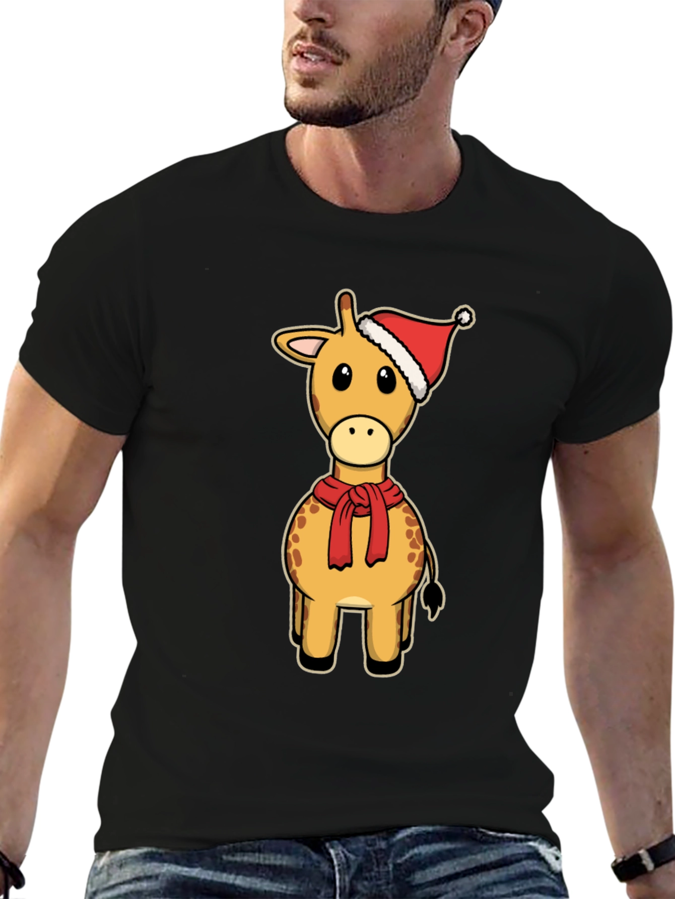 Festive Giraffe Tee: Christmas Holiday Cartoon Style