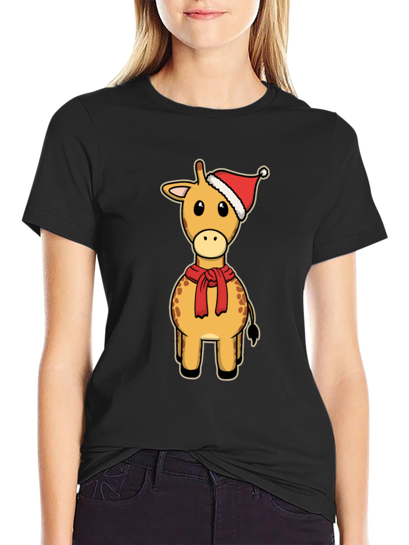 Festive Giraffe Tee: Christmas Holiday Cartoon Style