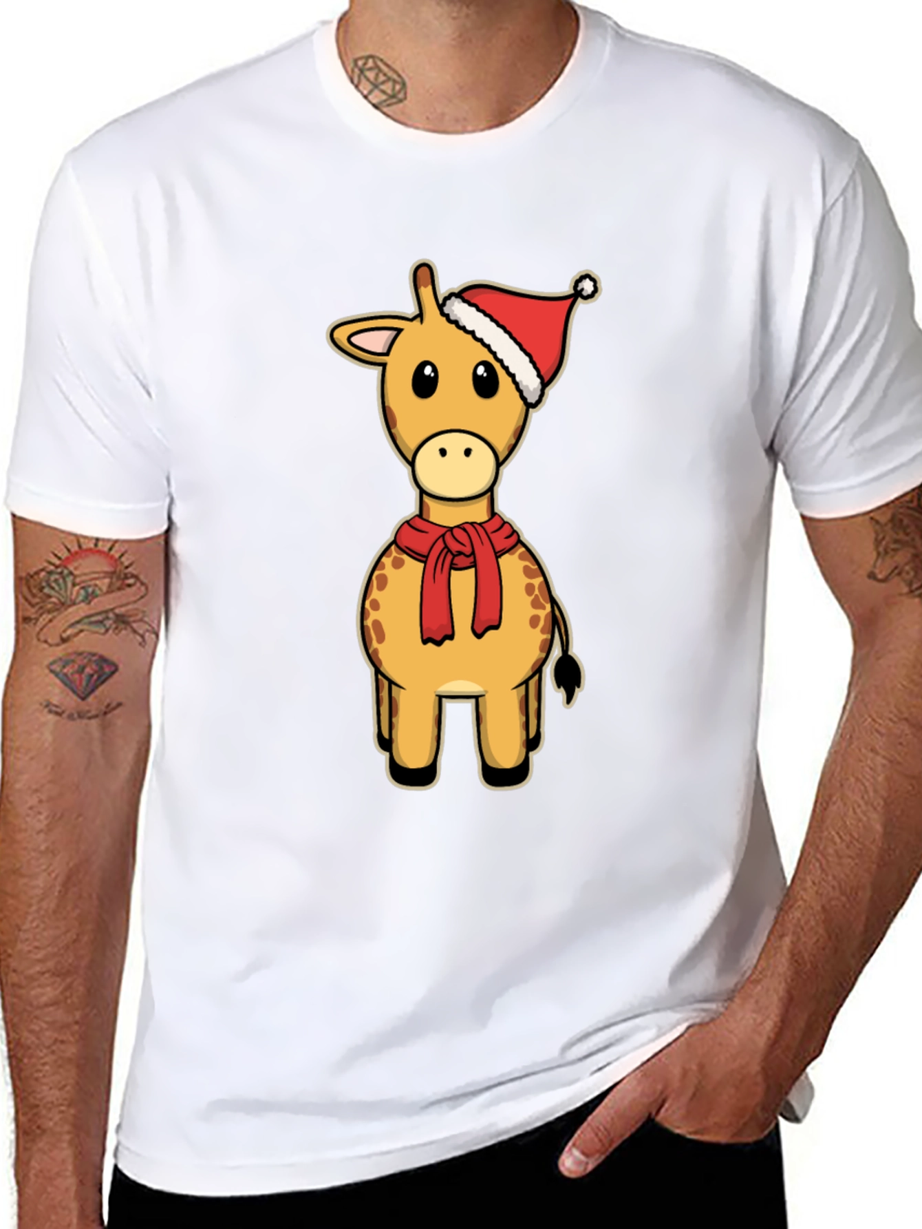Festive Giraffe Tee: Christmas Holiday Cartoon Style