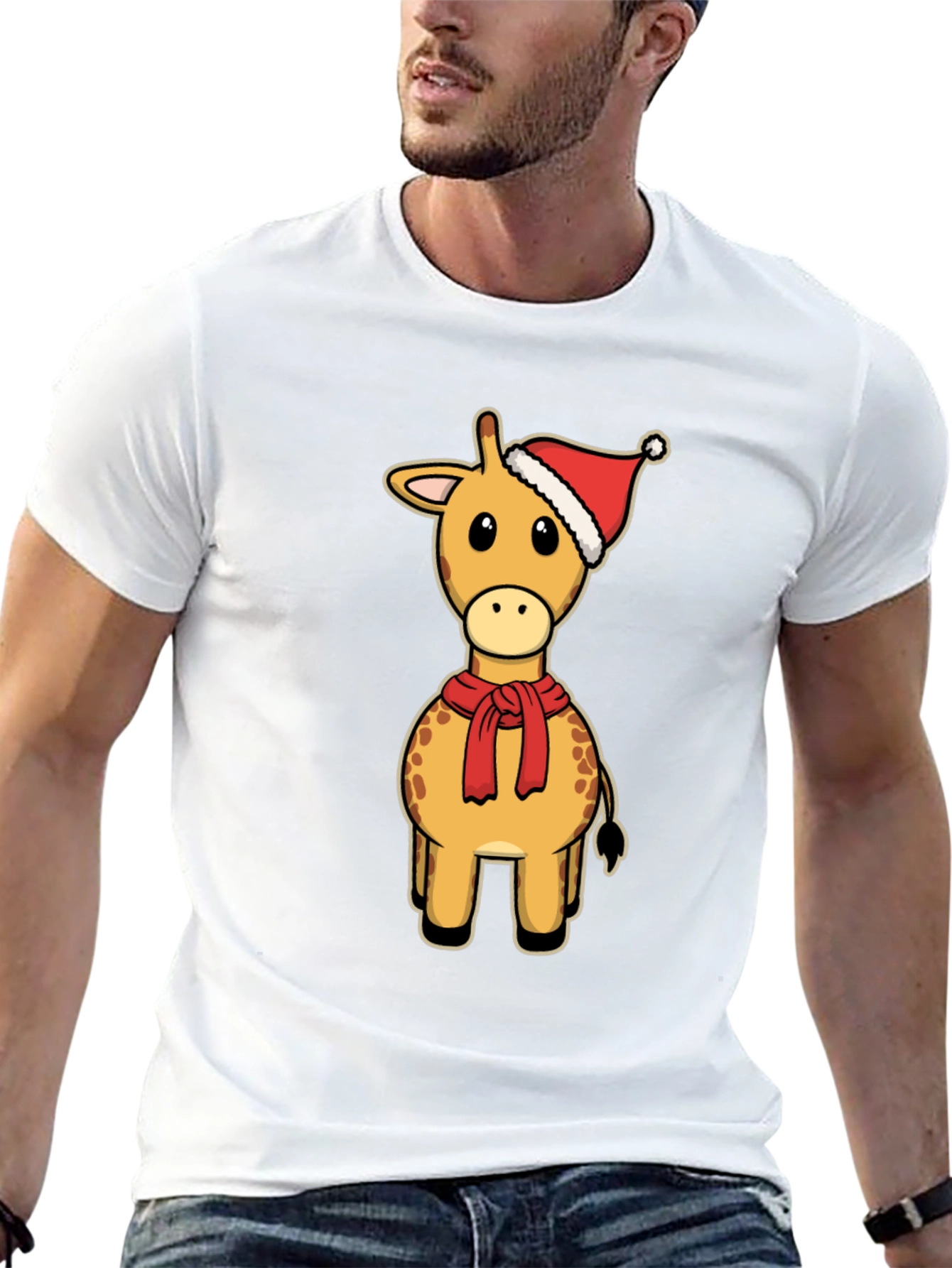Festive Giraffe Tee: Christmas Holiday Cartoon Style