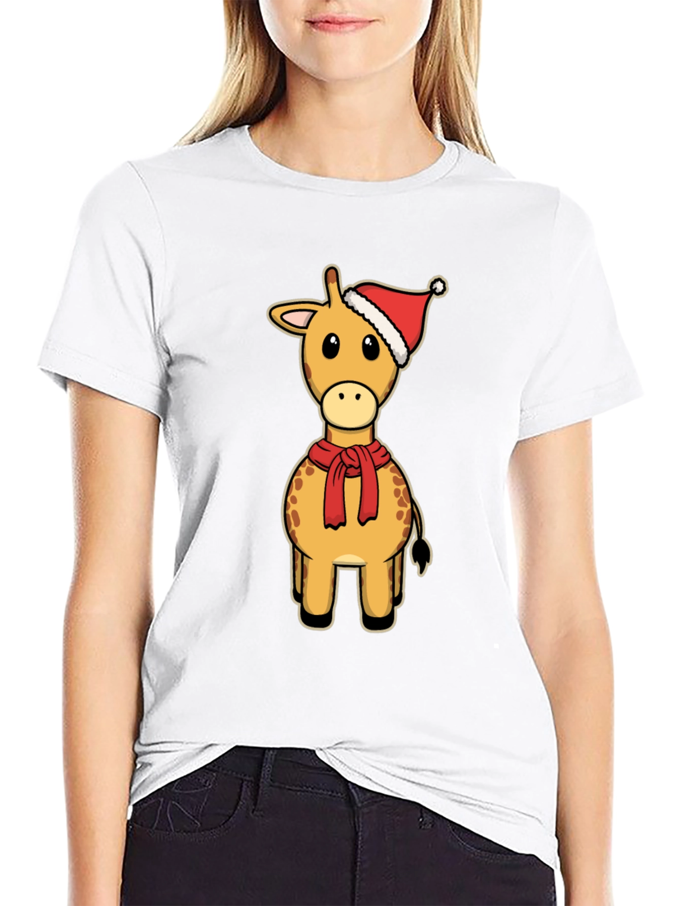 Festive Giraffe Tee: Christmas Holiday Cartoon Style