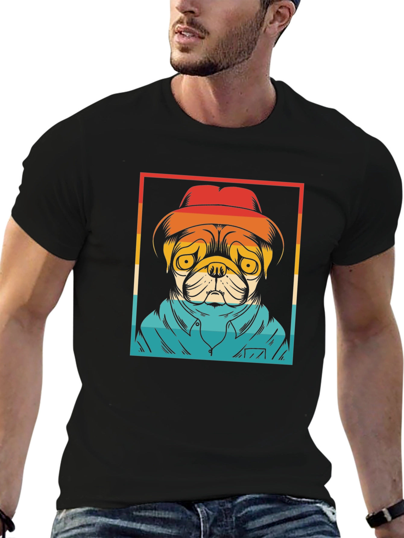 Pug Retro Style Graphic Tee - Black