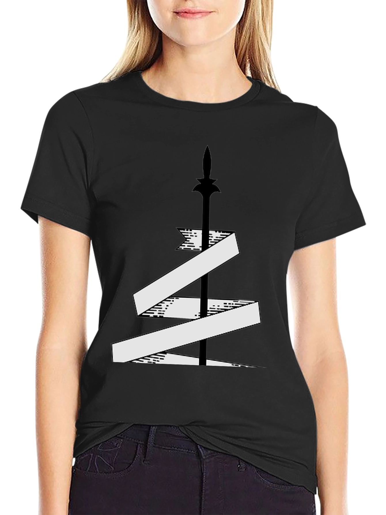 Mens Black T-Shirt with Sword and Banner Graphic