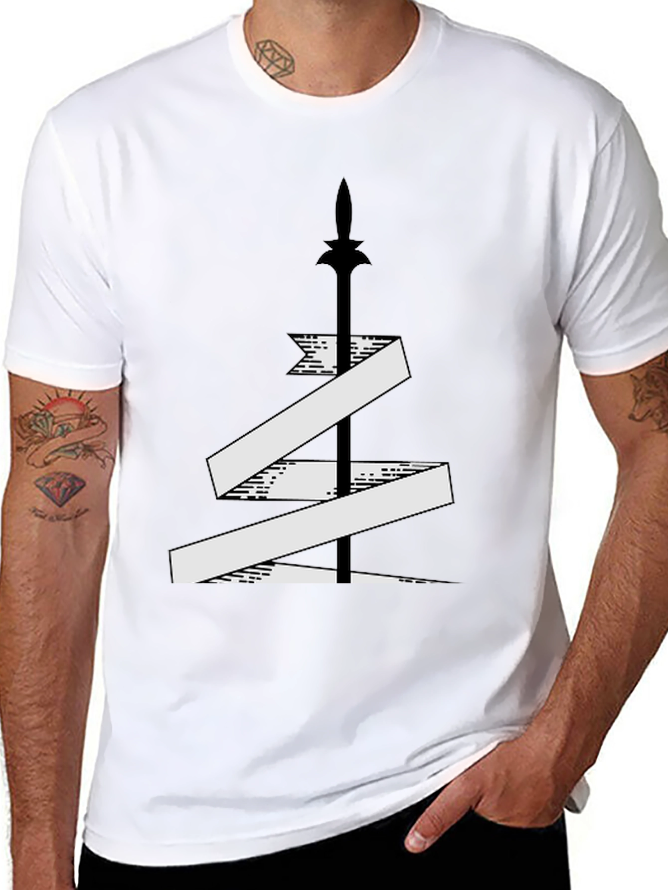 Mens Black T-Shirt with Sword and Banner Graphic