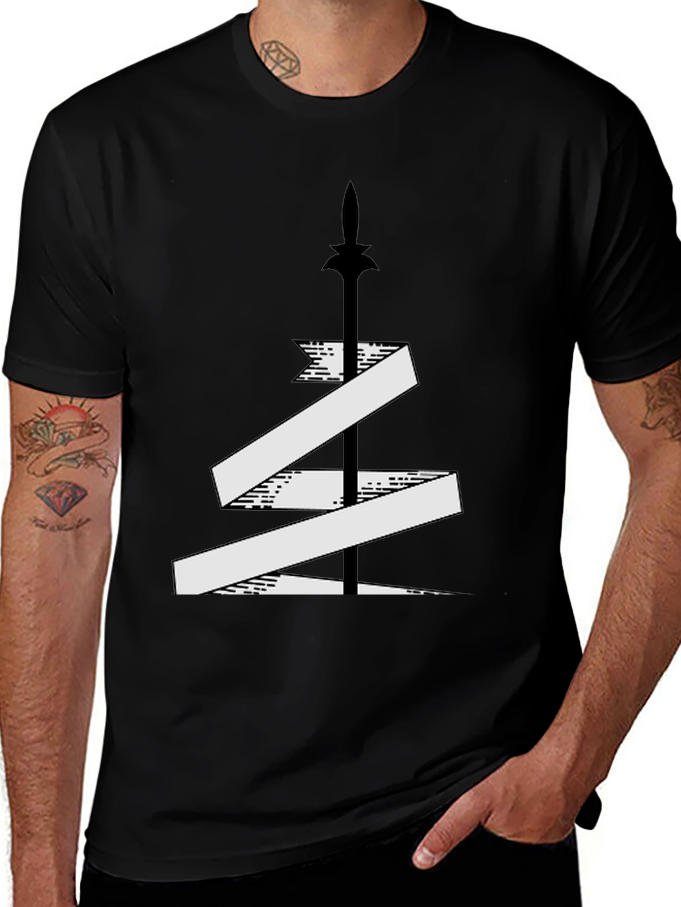 Mens Black T-Shirt with Sword and Banner Graphic