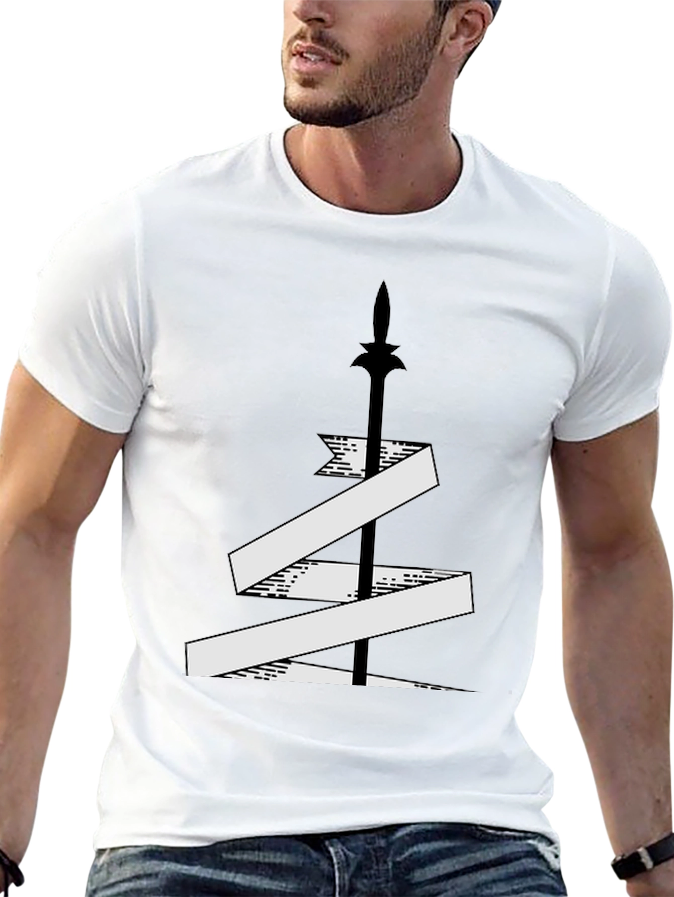 Mens Black T-Shirt with Sword and Banner Graphic