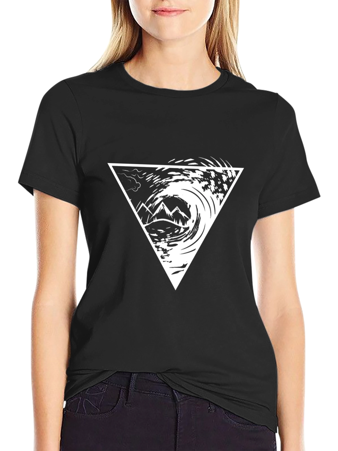 Black T-Shirt with Triangle Mountain Wave Graphic