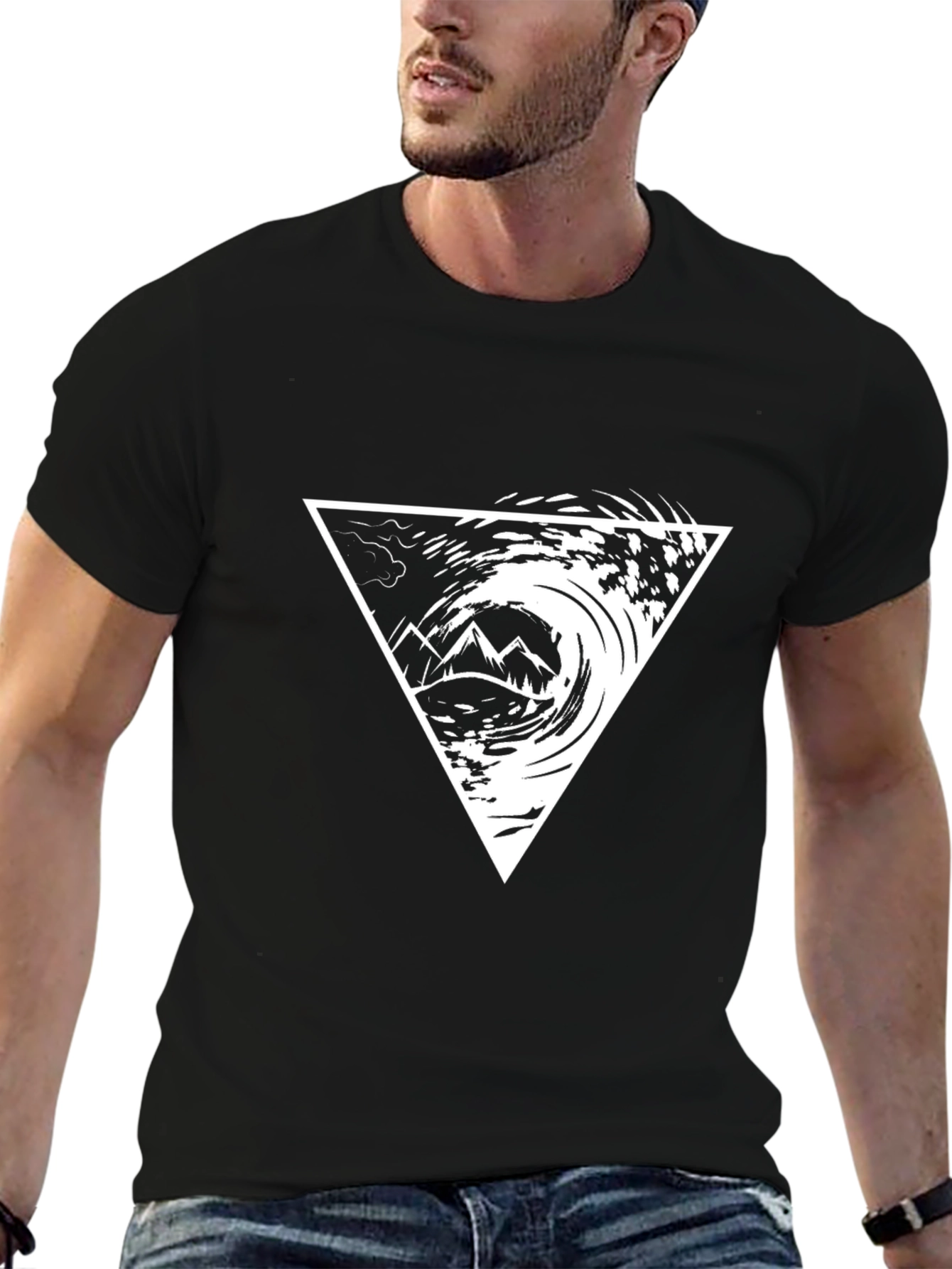 Black T-Shirt with Triangle Mountain Wave Graphic