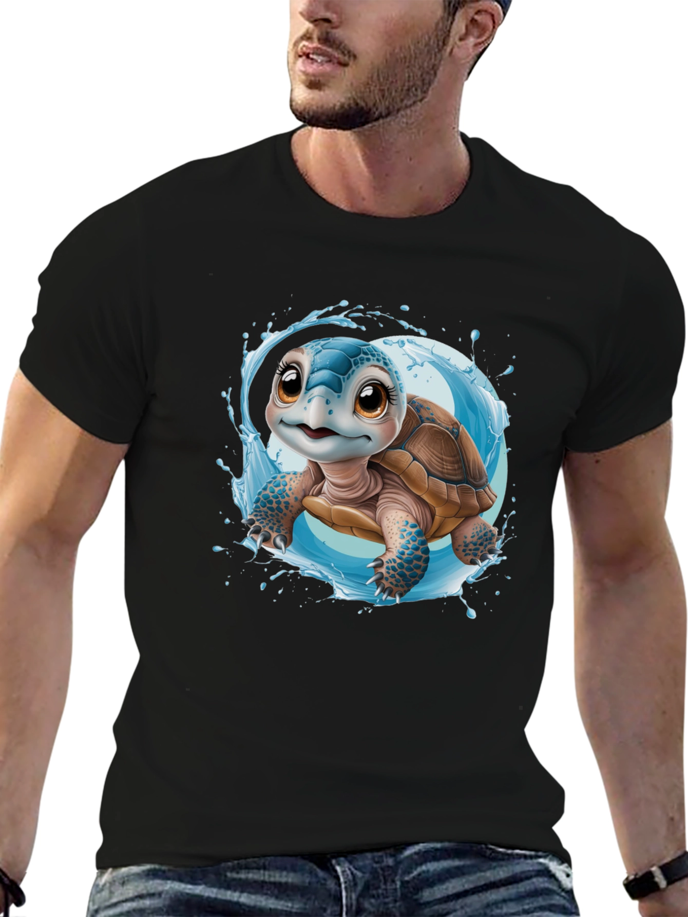 Cute Turtle Graphic Black Tee