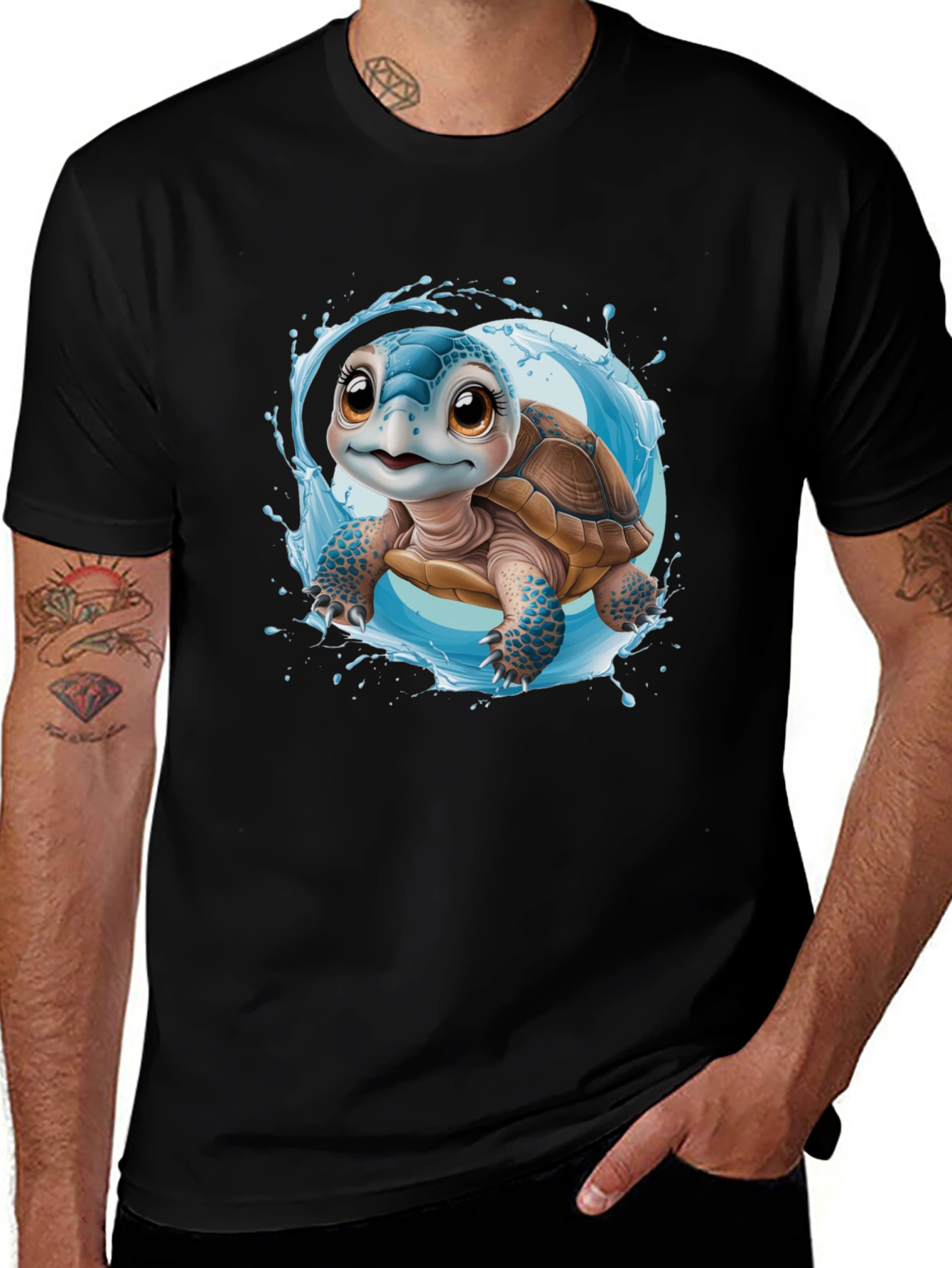 Cute Turtle Graphic Black Tee
