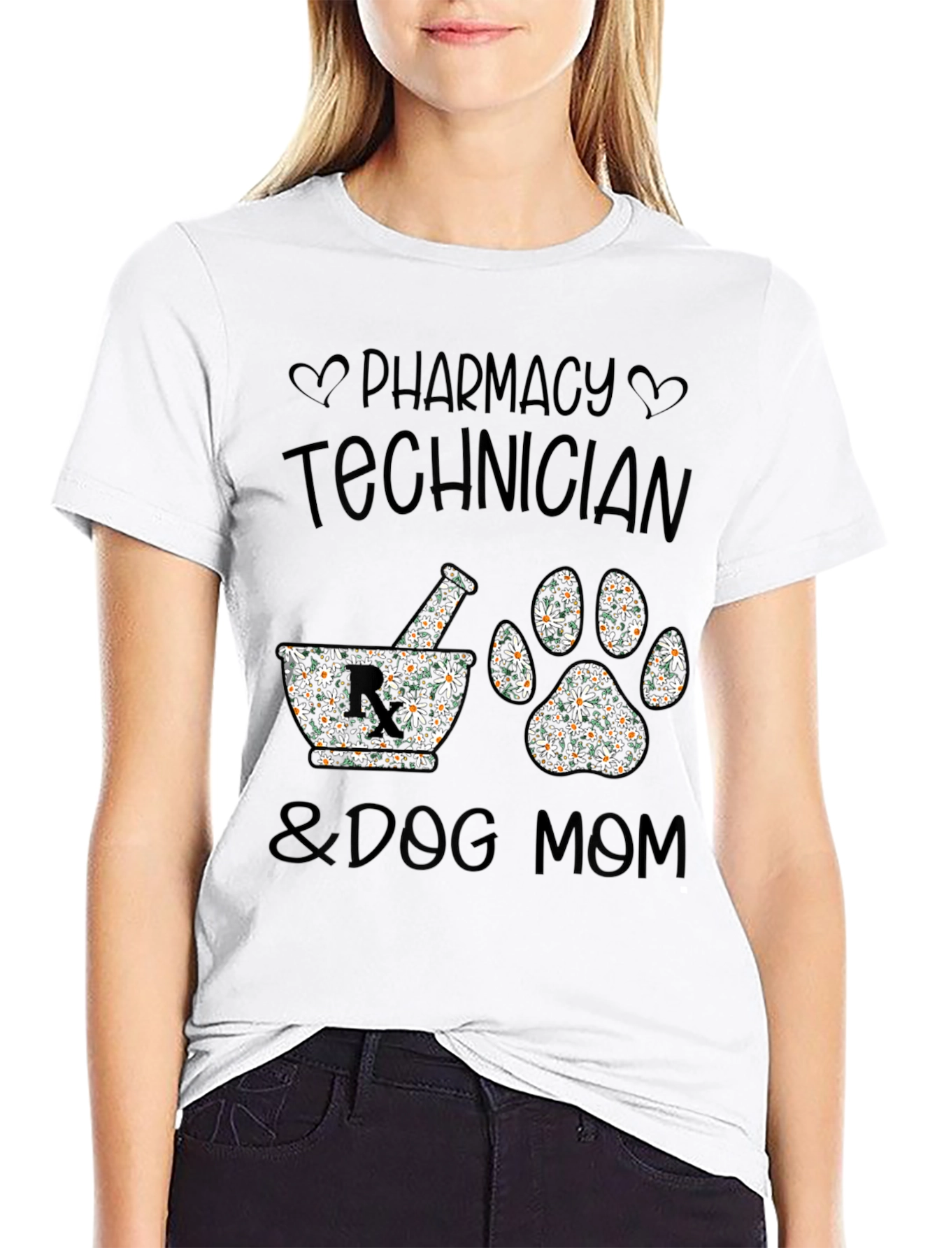 Pharmacy Tech & Dog Mom Floral Print T-Shirt