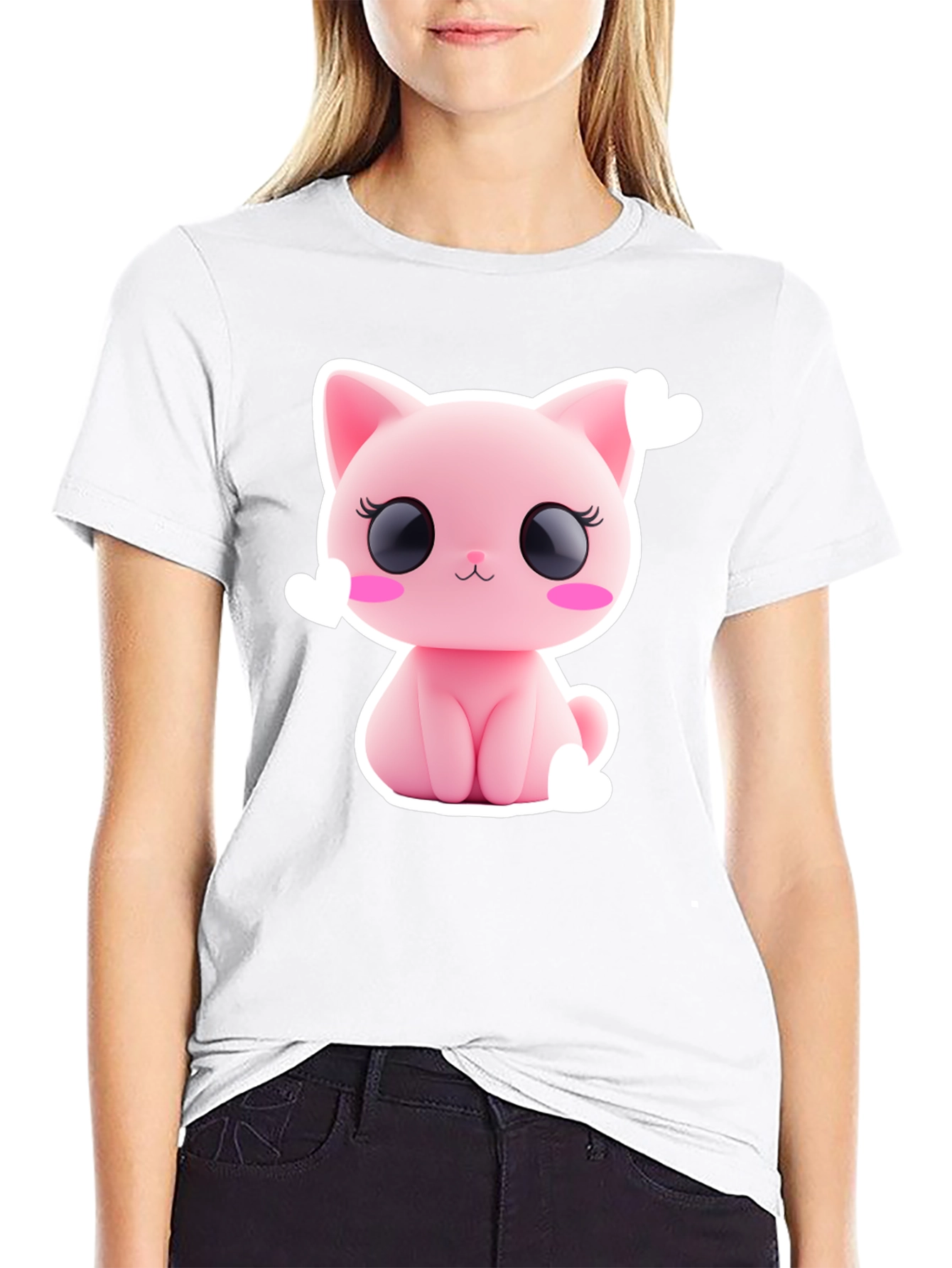 Cute Pink Kitty Graphic Tee - Black