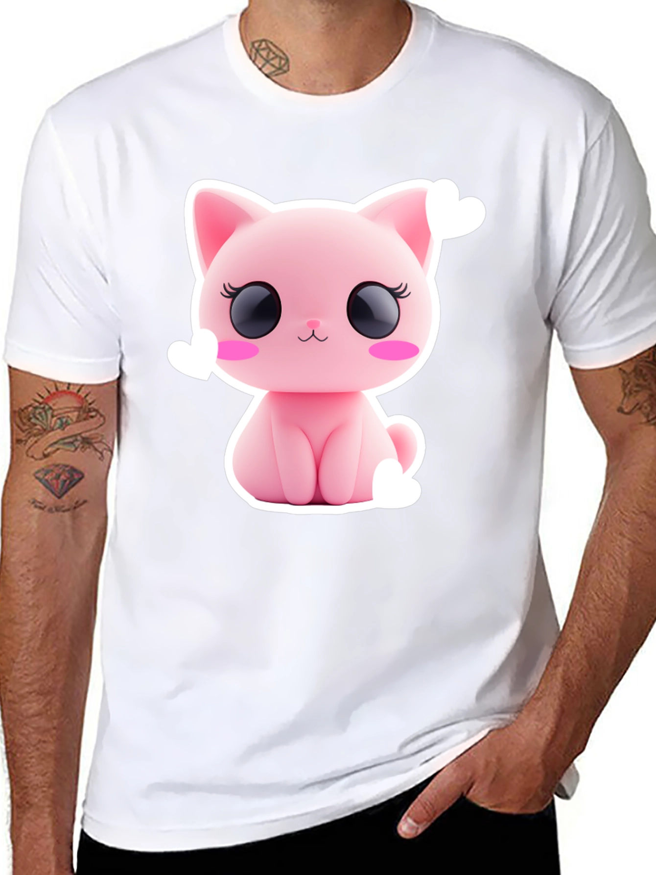 Cute Pink Kitty Graphic Tee - Black