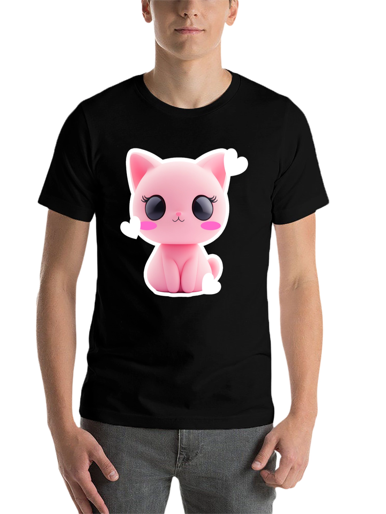 Cute Pink Kitty Graphic Tee - Black