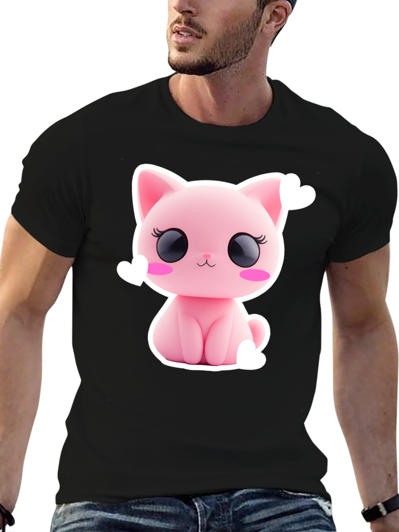 Cute Pink Kitty Graphic Tee - Black