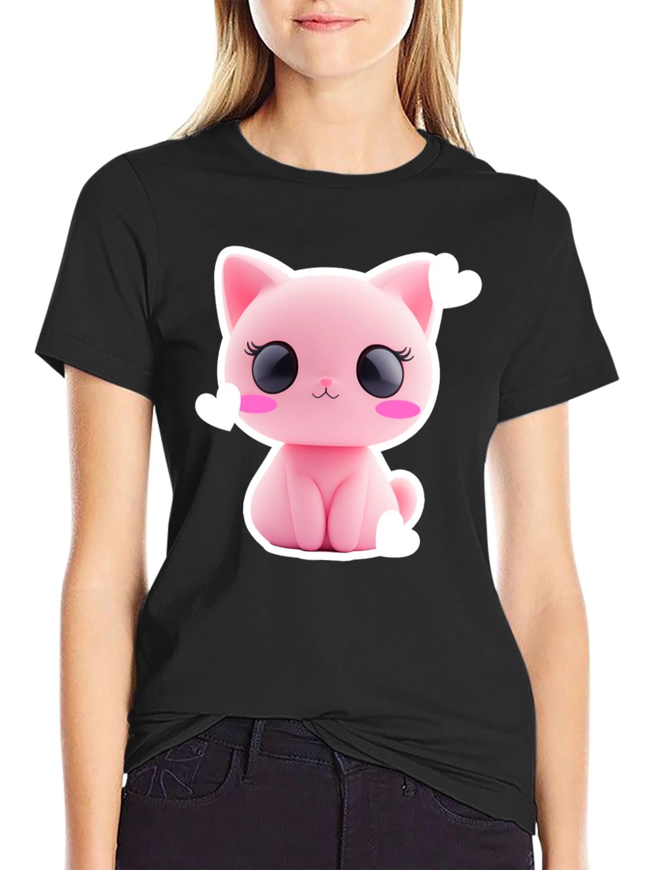 Cute Pink Kitty Graphic Tee - Black